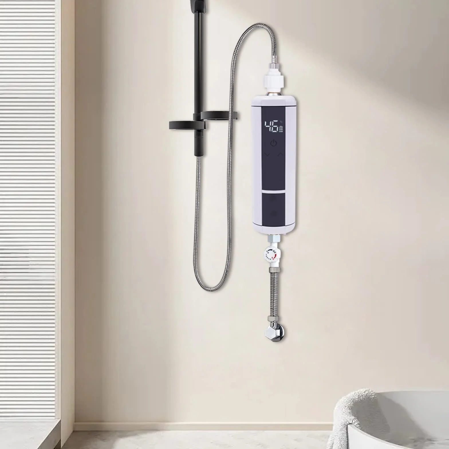 Mini podgrzewacz przepływowy, elektroniczny termostat, natychmiastowa gotowość do ciepłej wody 30-52℃, 3500 W, tworzywo ABS, ze wskaźnikiem temperatury LED, do łazienki, kuchni, biały