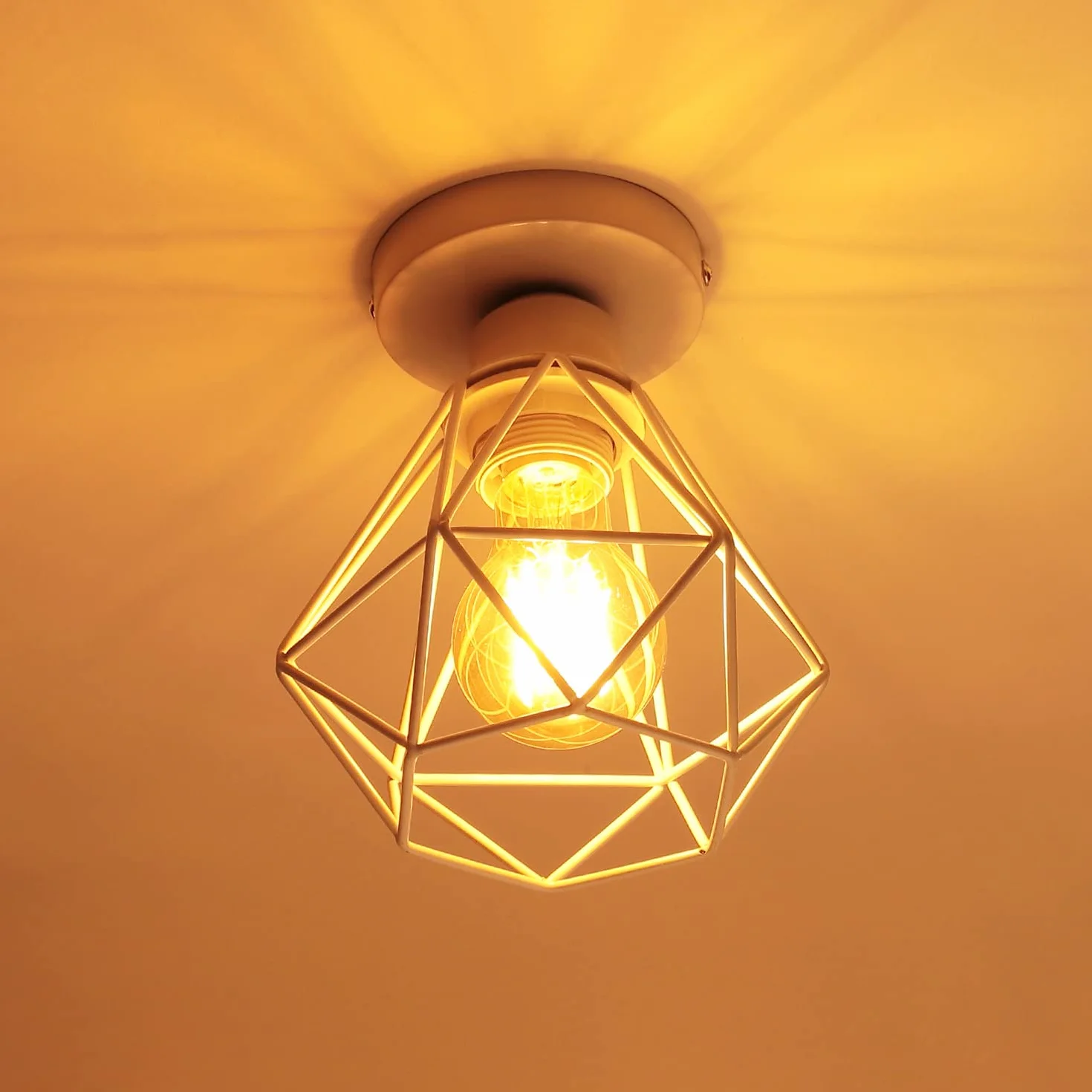 iDEGU Zestaw 2 sztuk przemysłowych metalowych lamp sufitowych w kwadratowej klatce, żyrandol żelazny klosz lampy wiszącej E27 40 W, czarny, do salonu, sypialni, baru (mały biały diament)