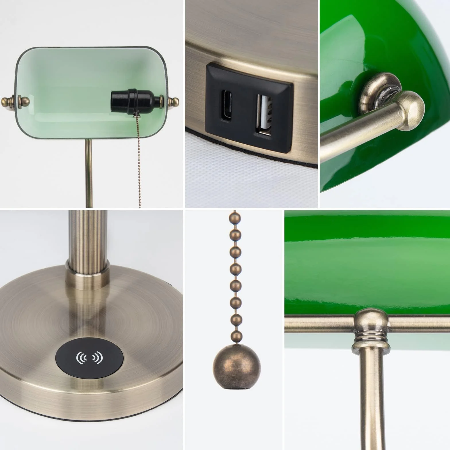 FIRVRE Bankers, zielona szklana lampka na biurko, stolik nocny, lampka z bezprzewodowym ładowaniem, port USB, vintage, mosiądz, łańcuch ciągnący, przełącznik, klasyczna lampa stołowa do domu, biura