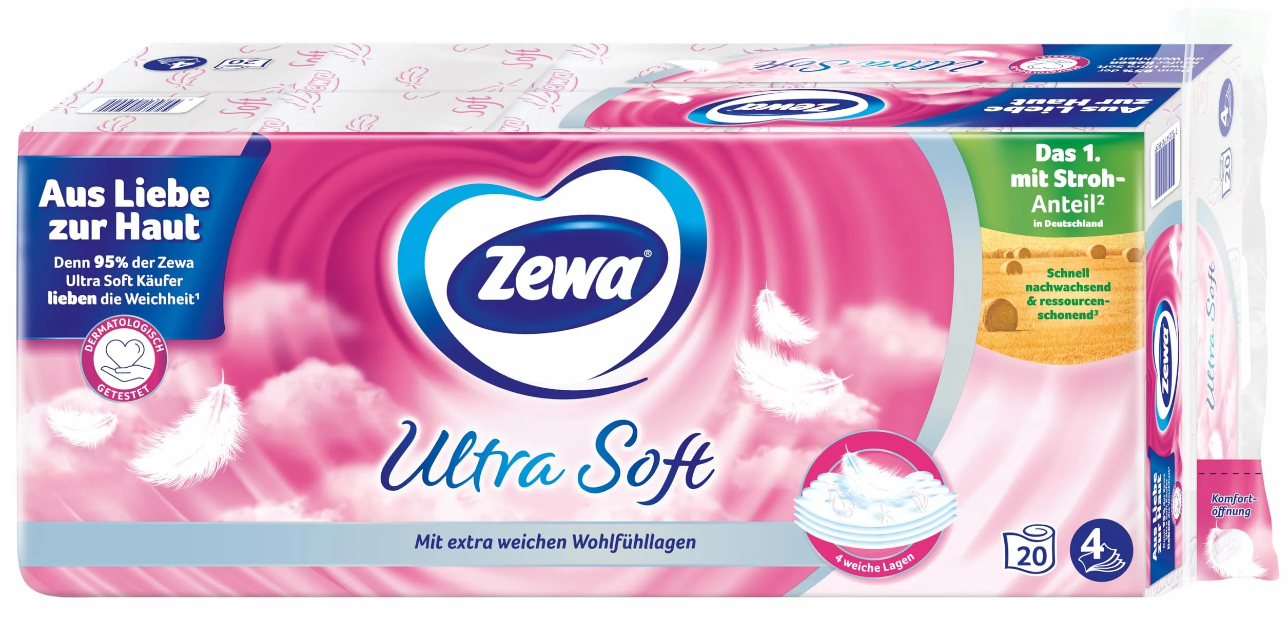 Zewa Ultra miękki papier toaletowy z zawartością słomy, 3 x 20 rolek, biały, 60 odliczeń (opakowanie 1)