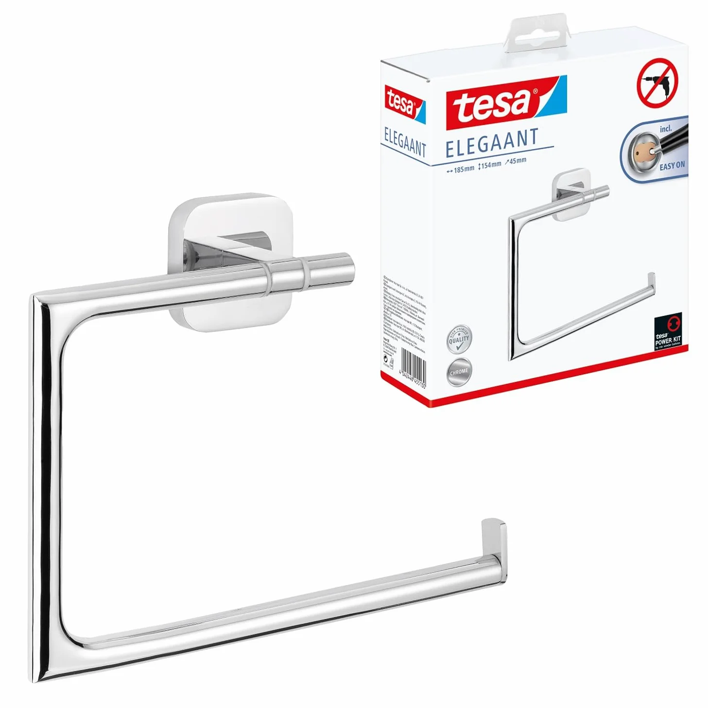 tesa ELEGAANT wieszak na ręczniki – samoprzylepny, metalowy pierścień ręcznikowy do łazienki – chromowany metal – prosty montaż – 156 mm x 185 mm x 45 mm