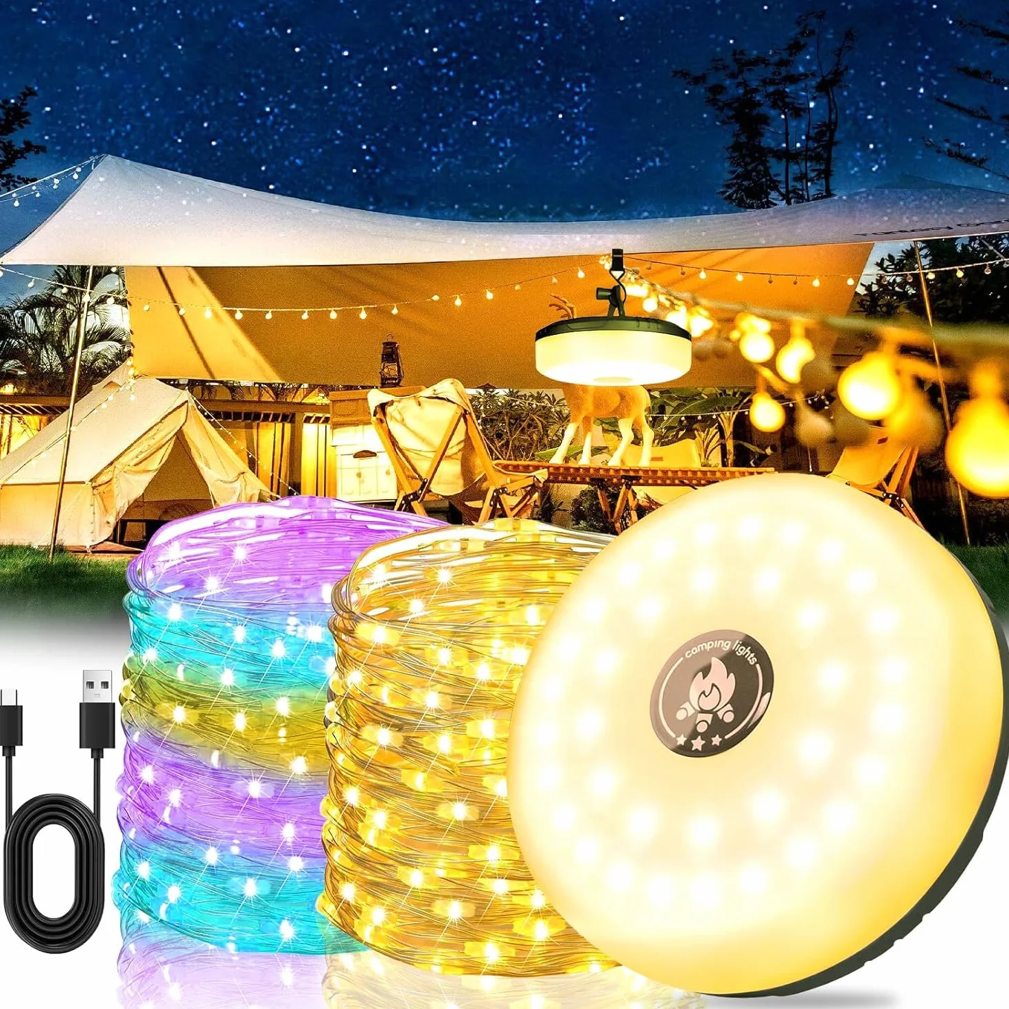 Lampki kempingowe zwijane - 10 m, 132 diody LED, wodoodporne, solarne, zwijane, lampki LED, zewnętrzne, kempingowe, USB, akumulatorowa lampa kempingowa do biwakowania, ogrodu i wędrówek