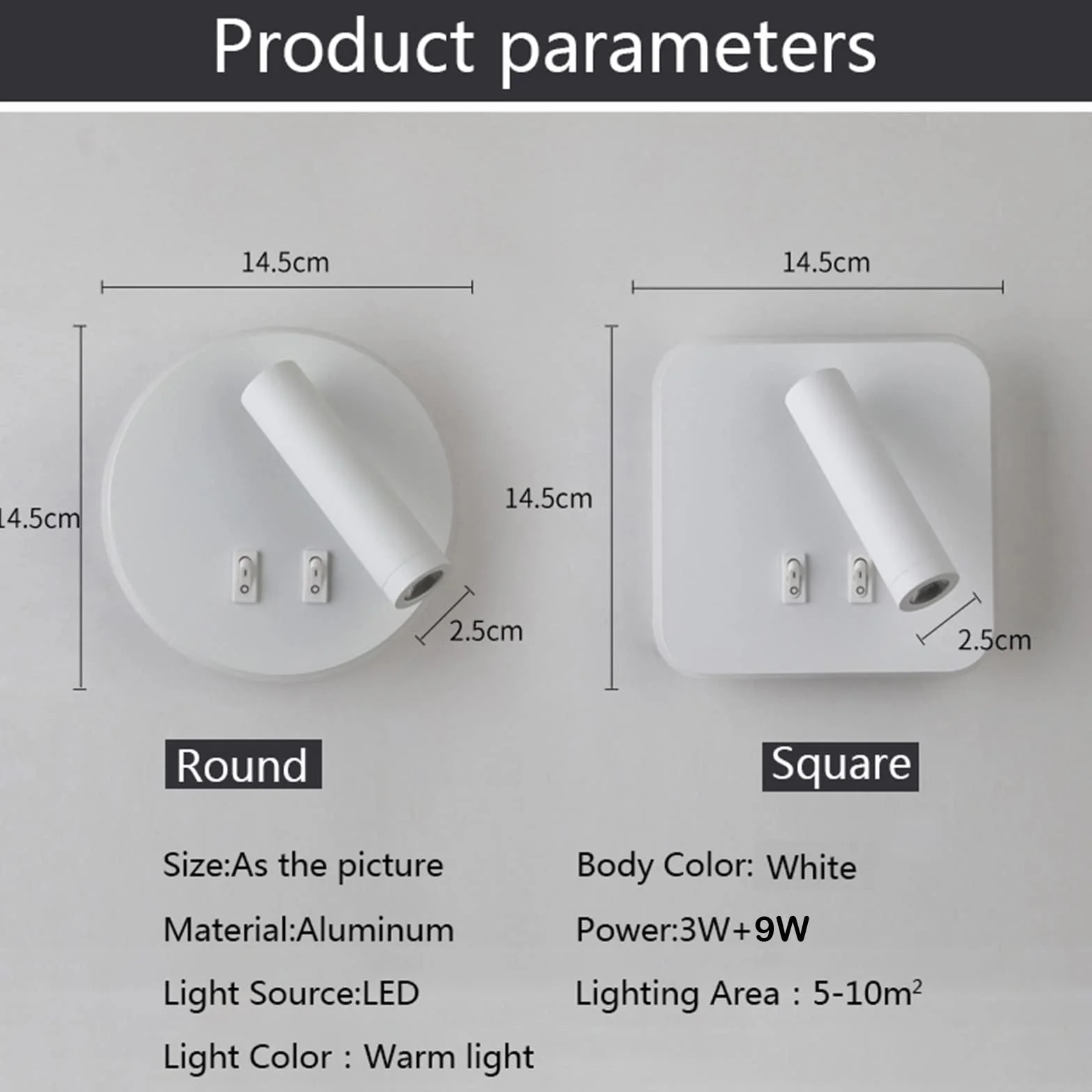 Lampa ścienna uksunvi LED, lampa ścienna do czytania nocnego, 12W lampy do czytania ścienne LED, regulowane reflektory (3W +9W 3000K ciepłe światło) czarne (Okrągły biały)