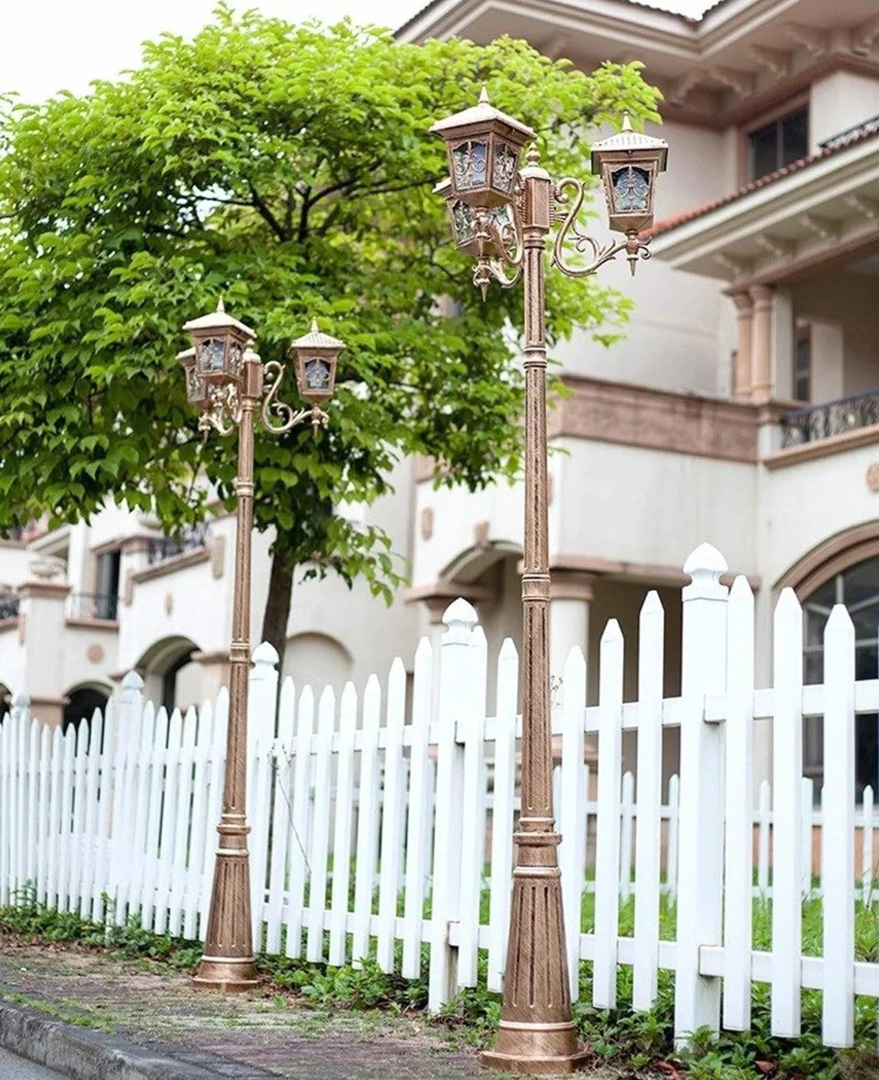 Lampy Solarne Na Słupku, Zewnętrzne Lampy Uliczne, 3-Światła, Europejska Tradycja, Wodoodporna Lampa Uliczna, Zewnętrzne Lampy Na Słupku, Antyczne Aluminium, Metal,Brown-2.05M