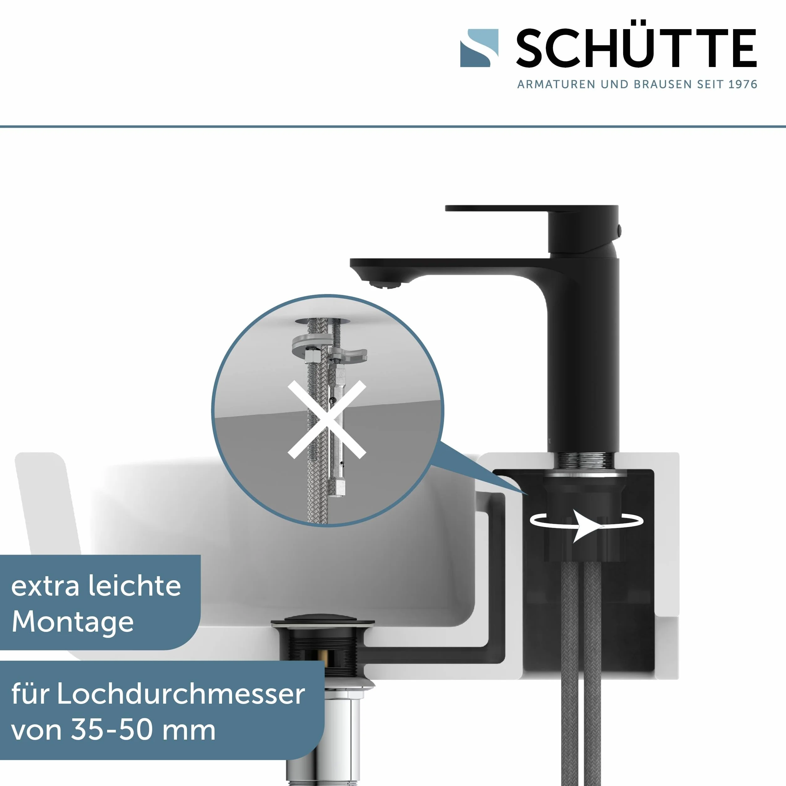 SCHÜTTE MONTANA 32316 bateria umywalkowa łazienkowa z zestawem odpływowym, jednouchwytowa bateria łazienkowa z korkiem odpływowym, bateria mieszakowa, umywalka, czarna