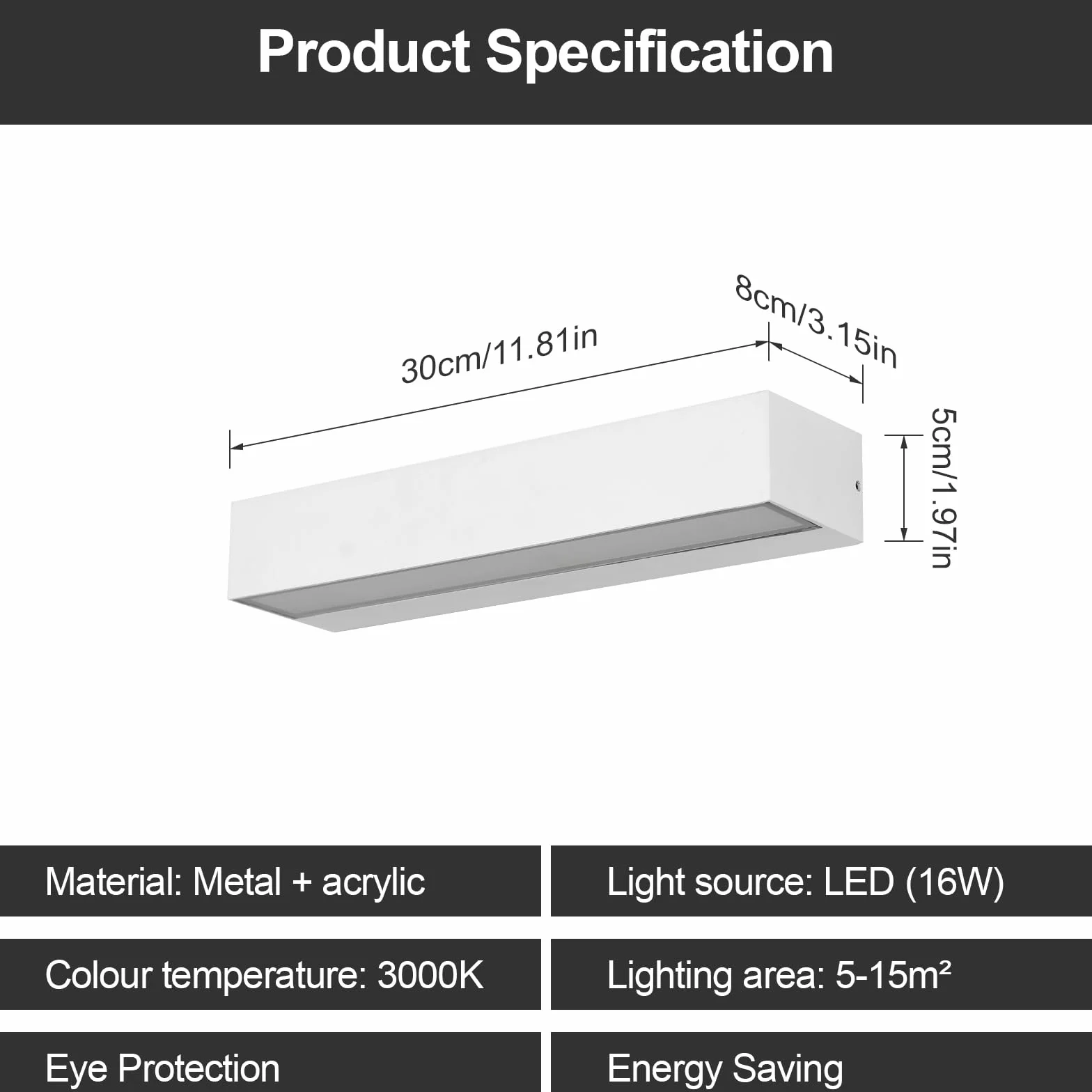 Riserva Zewnętrzna lampa ścienna LED 16 W, wodoodporna IP65 lampa zewnętrzna, 3000 K ciepła biel czarna lampa ścienna do wnętrz 30 cm