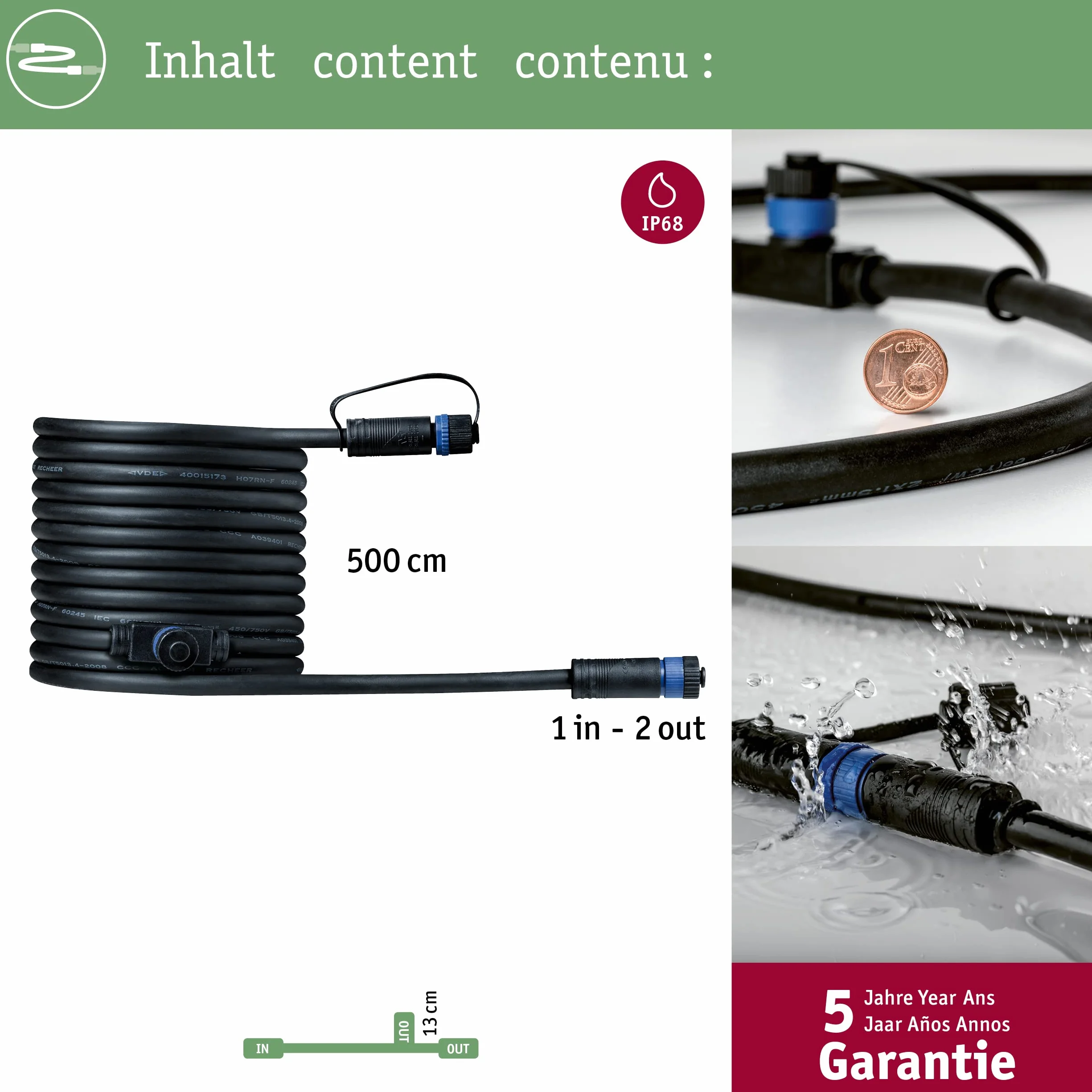 Paulmann 93927 Outdoor Plug & Shine Connector 5 m 1in-2out IP68 2x1,5mm² 93927 przedłużacz kabel łączący oświetlenie zewnętrzne
