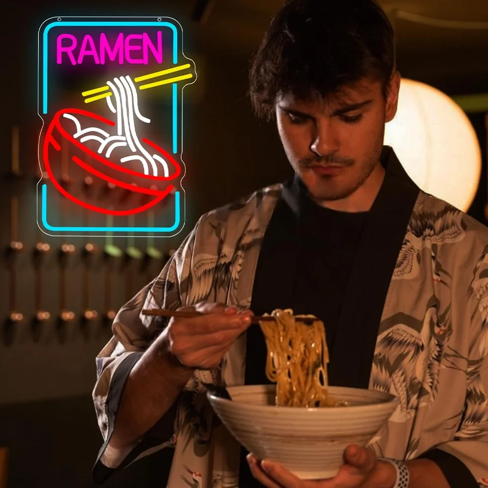 Ramen neonowa tabliczka do dekoracji ściany, zasilany przez USB, makaron LED, dekoracja ścienna, prezent do japońskiego sklepu z ramami, do domu, baru, kuchni, sypialni (40 x 30 cm)