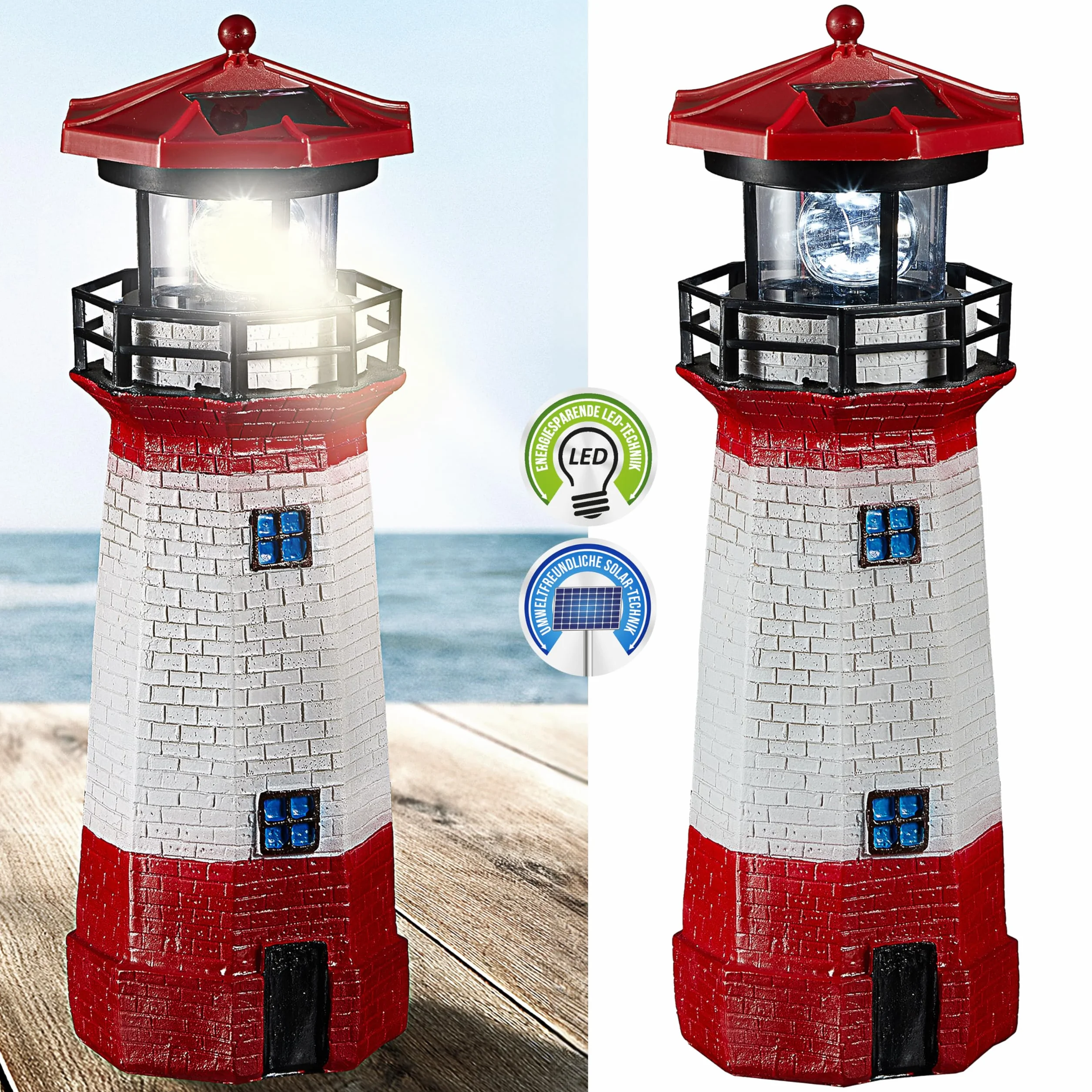 Cepewa Latarnia solarna LED, wys. 28 cm, czerwono-biała, dekoracja ogrodowa, latarnia morska, wieża, oświetlenie solarne (1 x solarna latarnia LED wys. 28 cm)