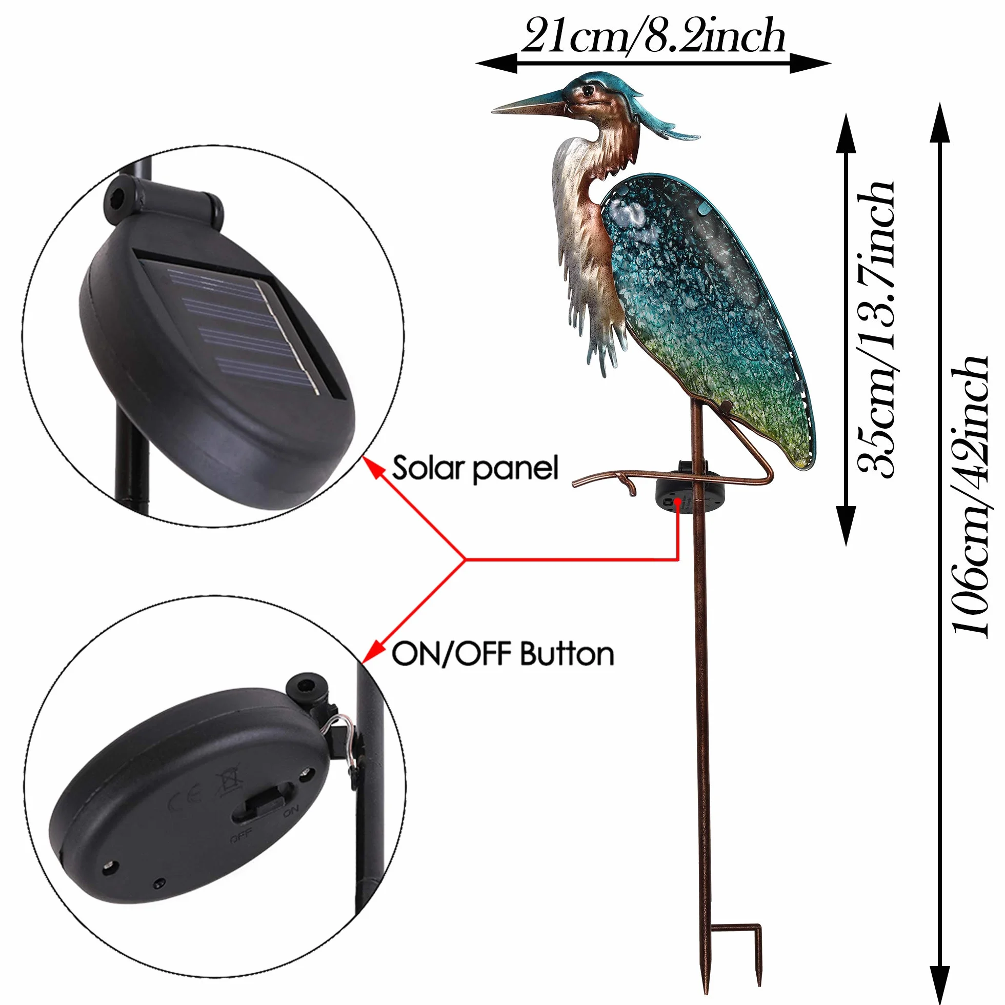 TERESA’S COLLECTIONS Grey Heron Garden Figure Outdoor Solar Light 106cm Solar LED Garden Light Metal Glass Wodoodporna ścieżka światła z kolcem Ground Solar Lamp Garden Decoration