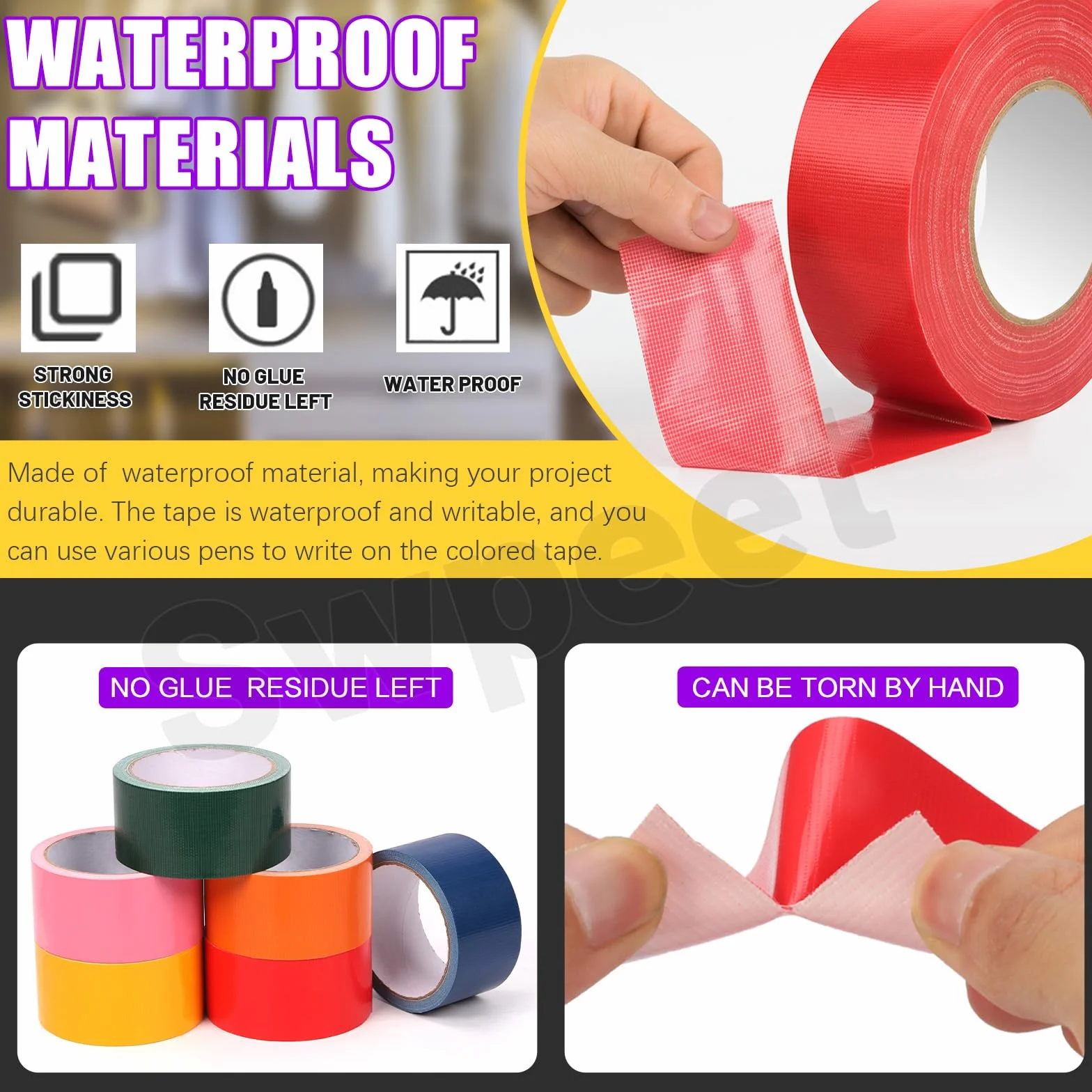 Swpeet 6 rolek w 6 kolorach, 2 cale x 11 jardów – zestaw wodoodpornych, kolorowych taśm typu duct tape w tęczowych barwach, mocnych, bez pozostawiania śladów, łatwych do ręcznego rozerwania – idealnyc