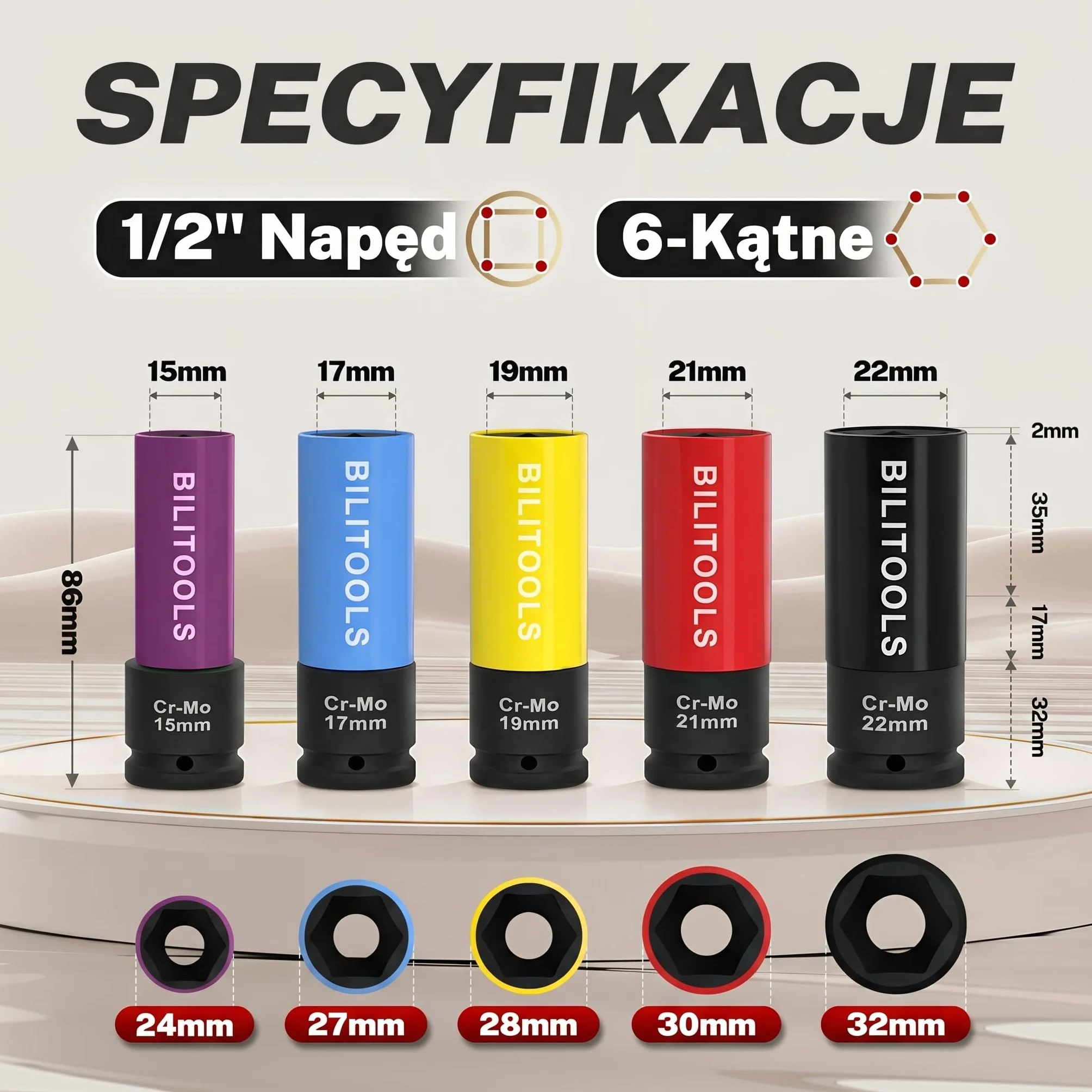 BILITOOLS 1/5.1 cm zestaw nasadek nasadowych z nasadką udarową, 15 17 19 21 22 mm niebrudzące się cienkie koło ścienne osłona nakrętki nasadowej
