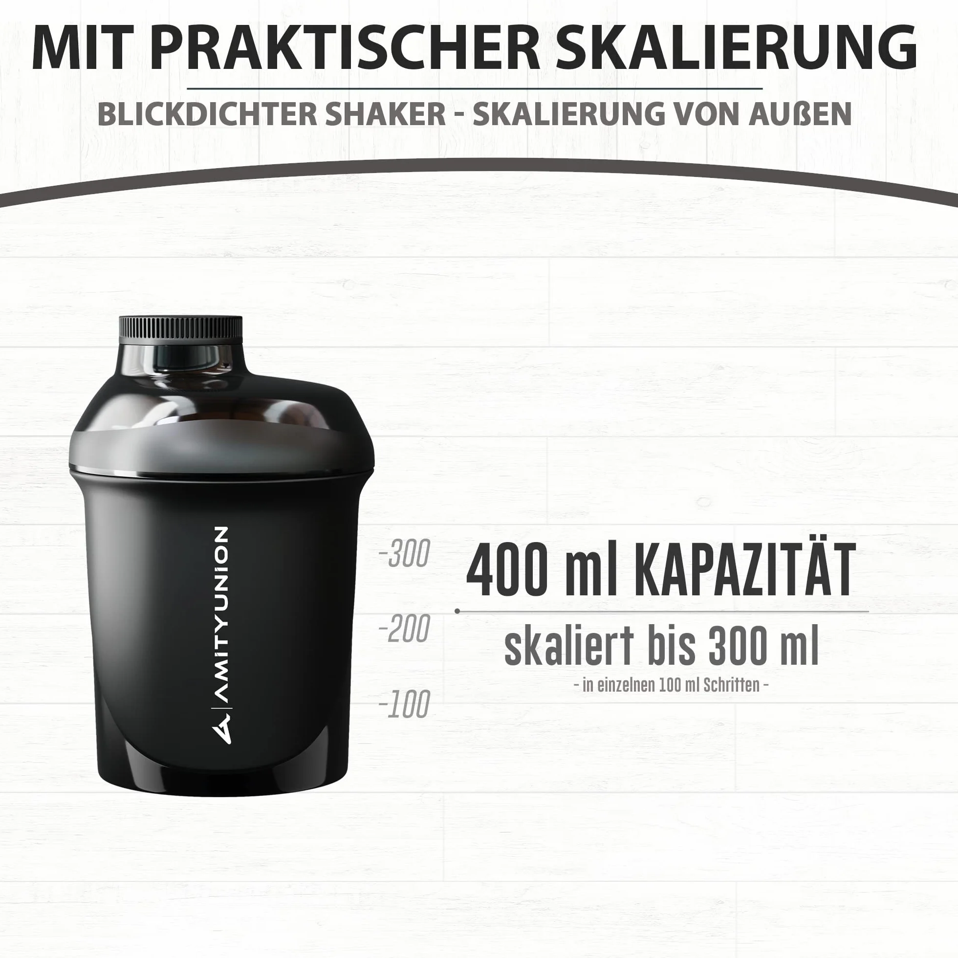 AMITYUNION Shaker do białek, 400 ml, z sitkiem, mały shaker proteinowy, zabezpieczony przed wyciekiem, bez BPA, ze skalą do kremowych koktajli proteinowych w proszku Whey