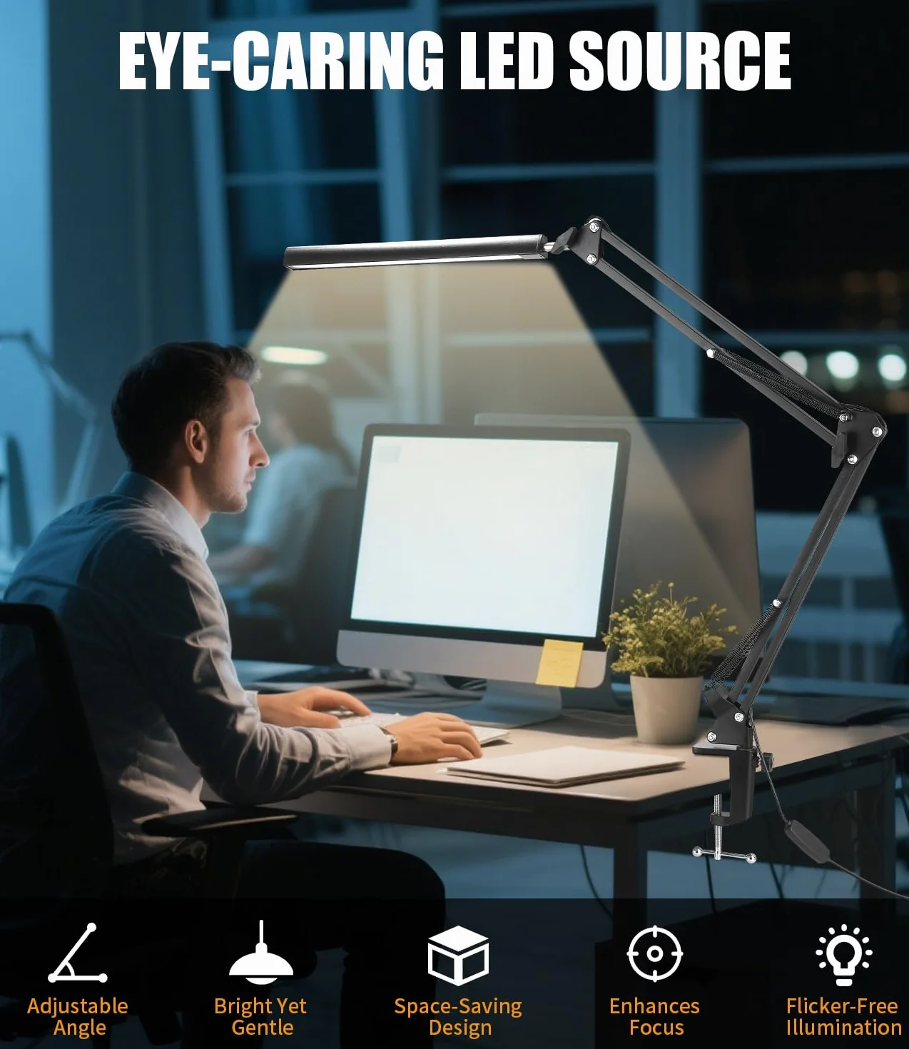 Lampa biurkowa LED Zaxiva z 3 temperaturami barwowymi, 10 poziomami jasności, regulowanym ramieniem i klipsem, idealna do czytania, pracy, nauki, makijażu oraz codziennego użytku w domu i biurze.