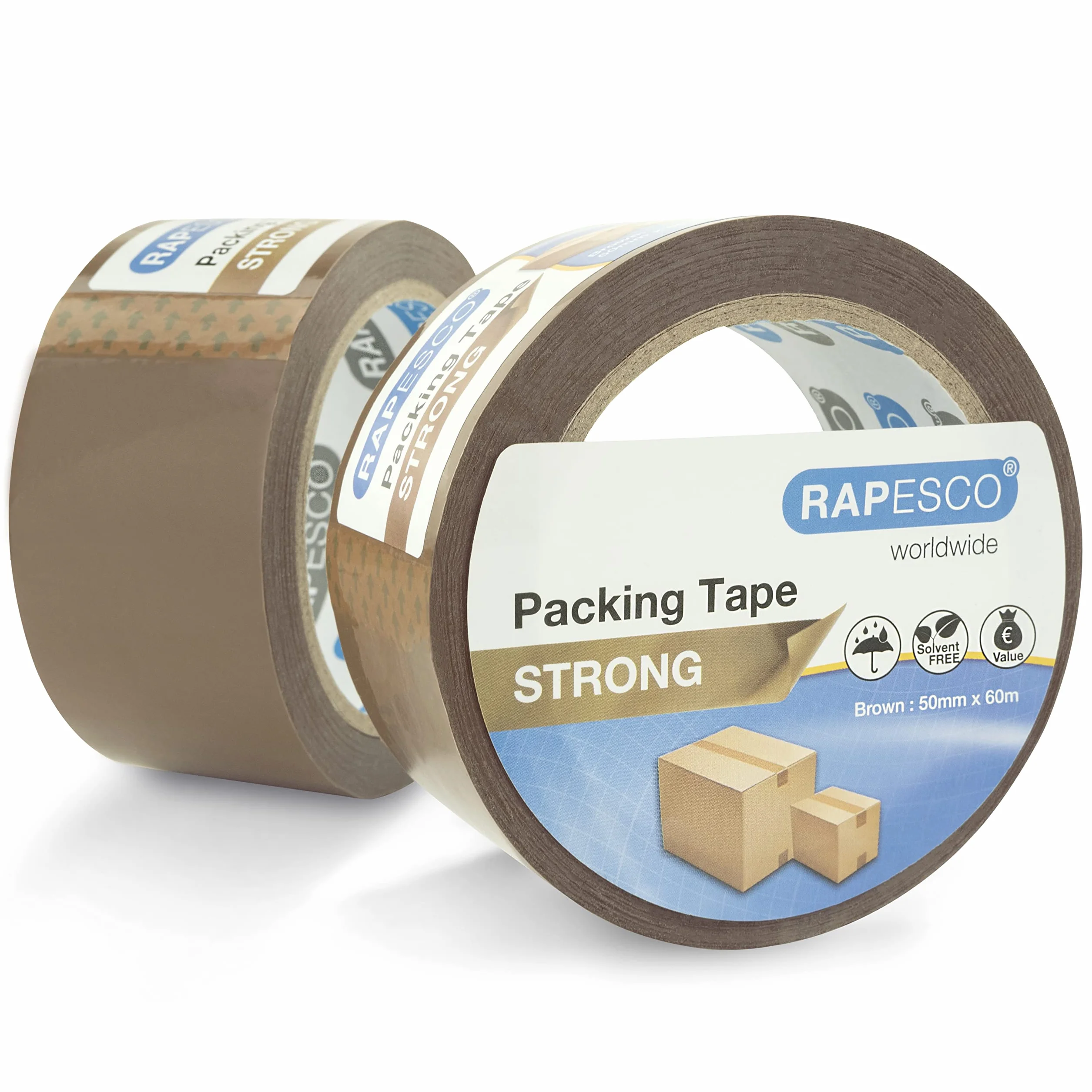 Rapesco 1696 Mocna Taśma Pakowa Klejąca 50 mm x 60 m, Brązowa, 2 Sztuki