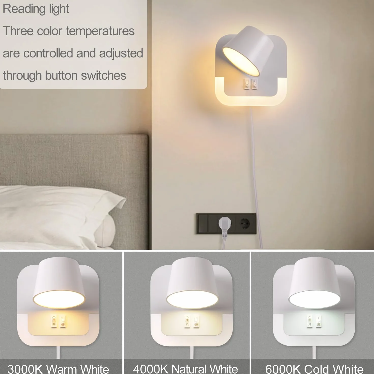 Lampa kinkiet LED, lampka nocna do czytania ściany Z kablem i wtyczką, 4W+8W lampka do czytania książki nocnej, lampka nocna sypialni kinkiet Z wyłącznikiem, Obrotowa głowica lampy, Biały