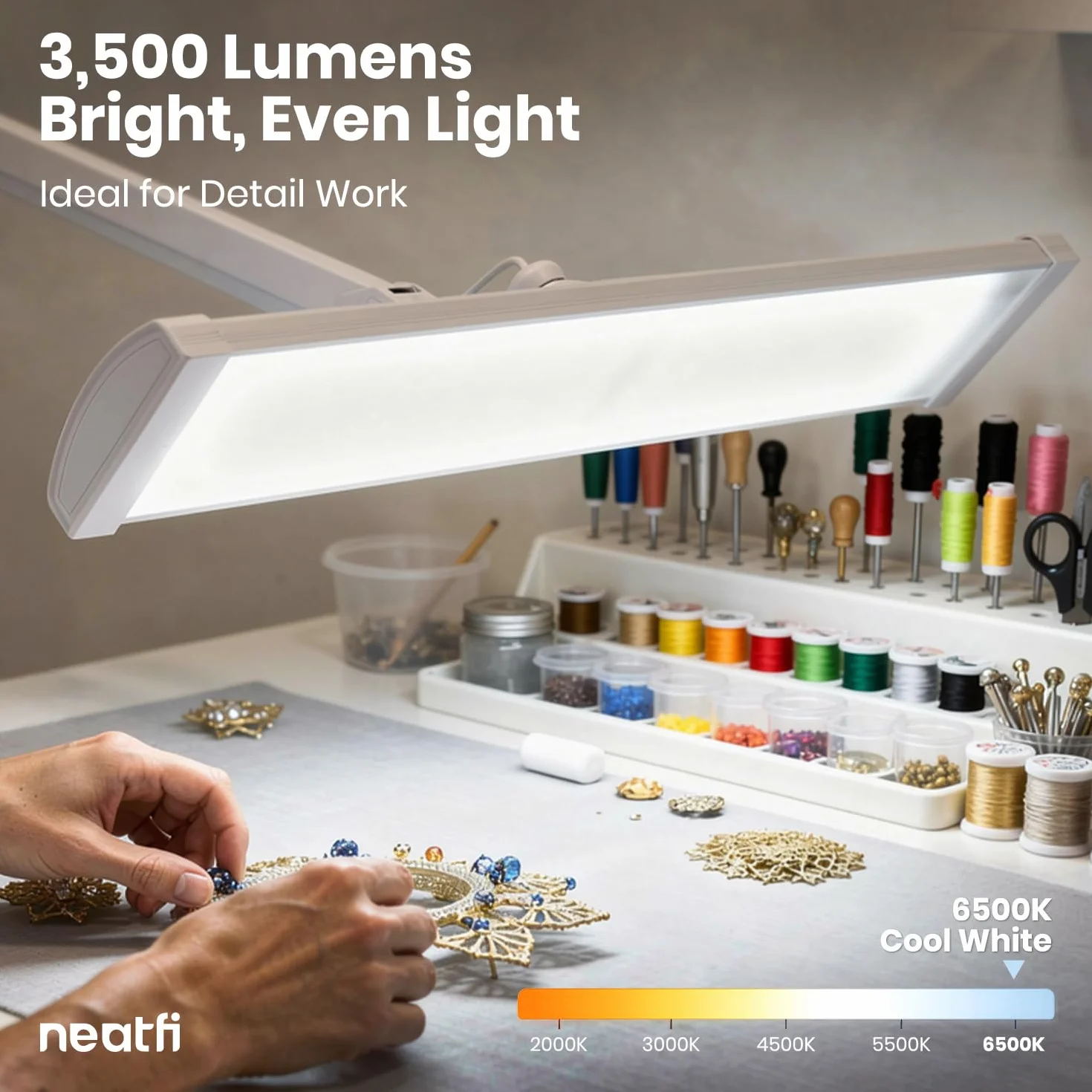 Neatfi Ultra Lampa Biurkowa – 3 500 Lumenów, 45W LED, Szeroki Klosz 66cm, 5 Poziomów Jasności, Światło Bez Cieni i Bez Migotania, Lampa do Czytania, Rękodzieła (Bez CCT z Podstawą, Biały)