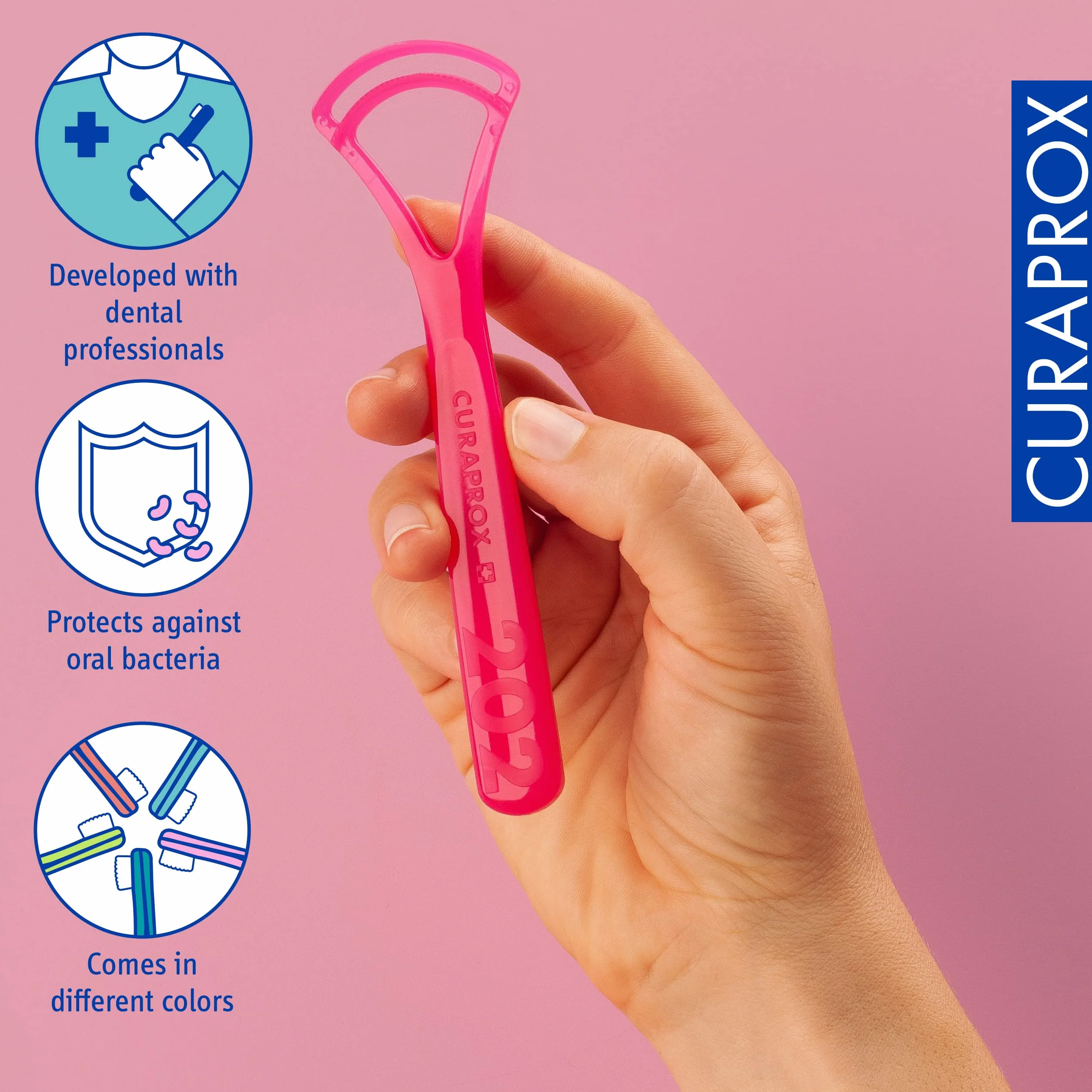 Curaprox Tongue Cleaner - Skrobak z jednym ostrzem do codziennego świeżego oddechu i higieny jamy ustnej/Losowy kolor, pojedyncze opakowanie/Made in Switzerland