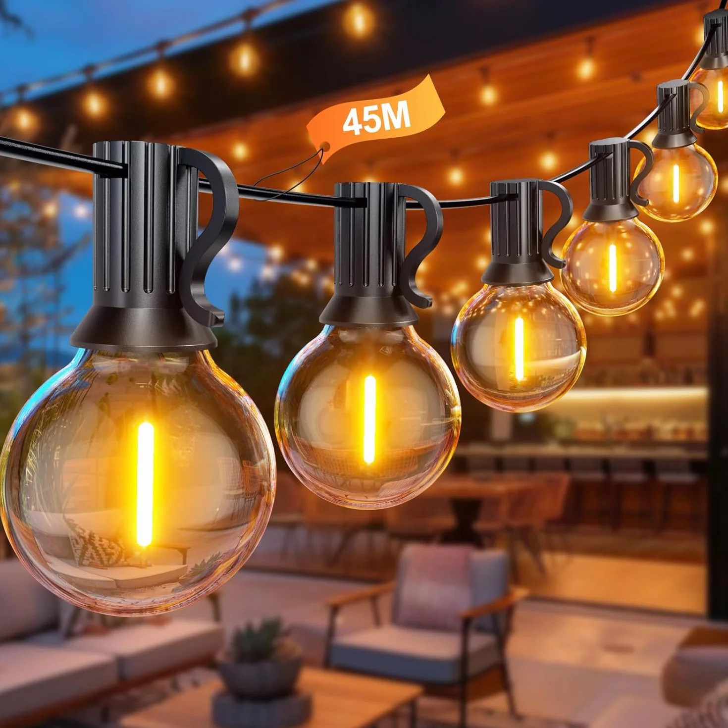 Łańcuch świetlny LED na Zewnątrz 45M 75+2 żarówek G40 Wodoszczelny