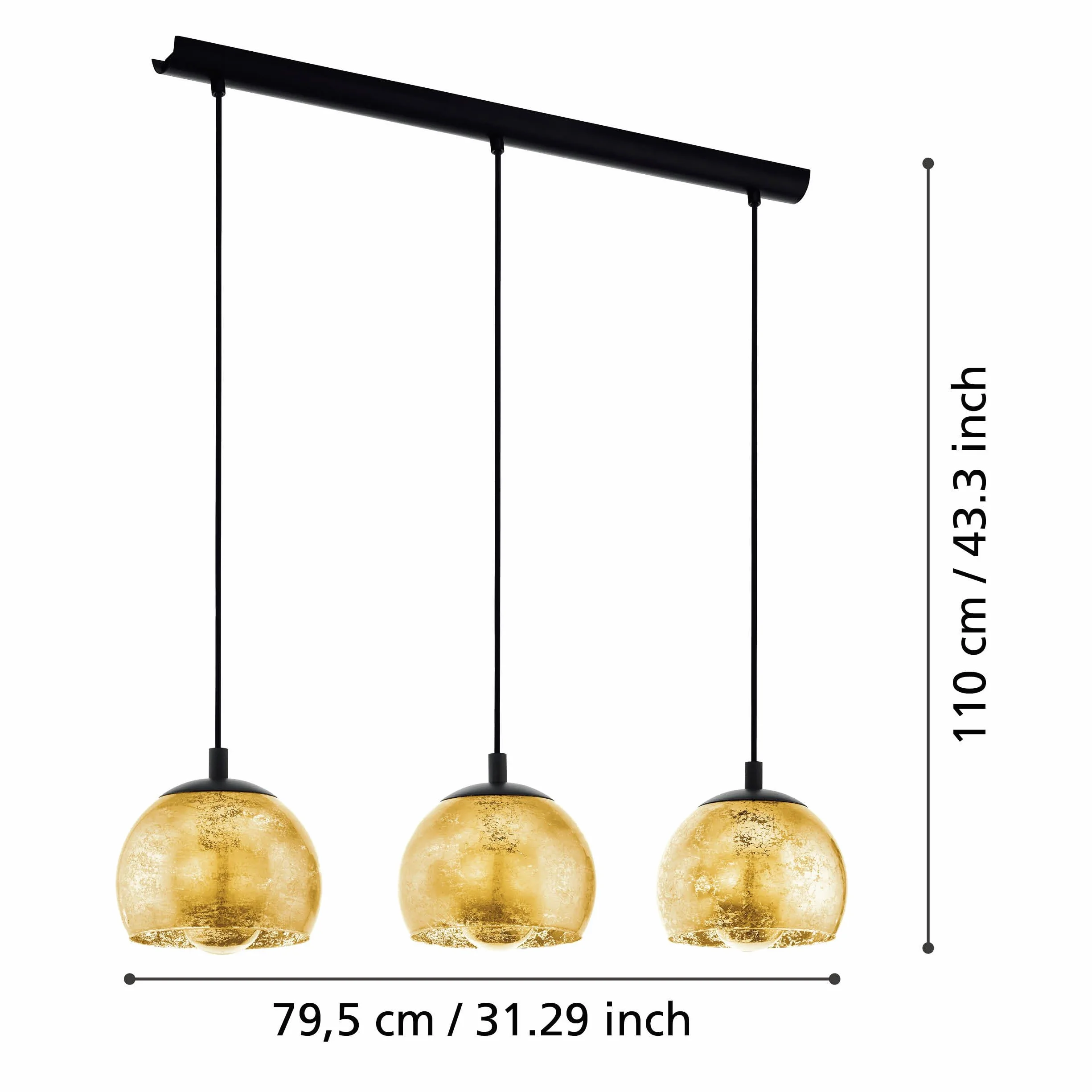 EGLO lampa wisząca Alabraccin, 3-punktowa lampka wisząca stół jadalny | z metalu w kolorze czarnym i szkła w kolorze złotym, oświetlenie do jadalni, oprawka E27, 78 cm