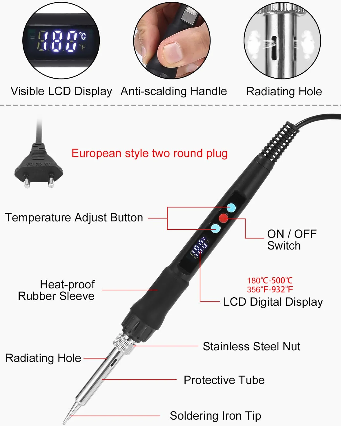 Yulado Lutownica LED 100 W z regulowaną i zablokowaną temperaturą 180℃-500℃, ON/OFF, stojak, drut 10 g, 5 końcówek, zestaw lutowniczy do prac elektrycznych i użytku domowego