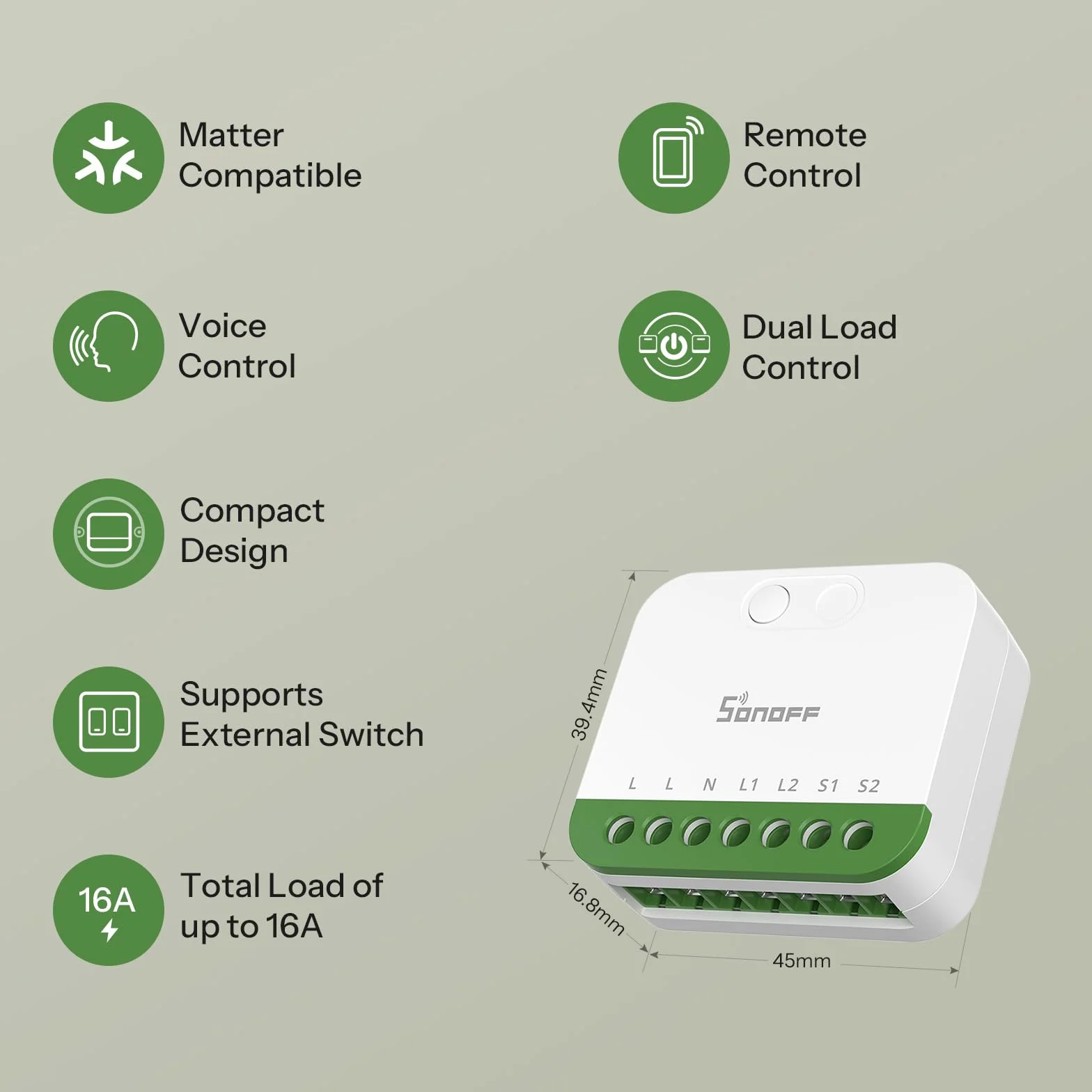 SONOFF MINI DUO（Matter przez WiFi） Przełącznik Inteligentny WiFi 2-Kanałowy, Współpracujący z Matter, Całkowite Obciążenie 16A, Kompaktowy na Pudełka Standardowe, Sterowanie Zdalne i Automatyczne
