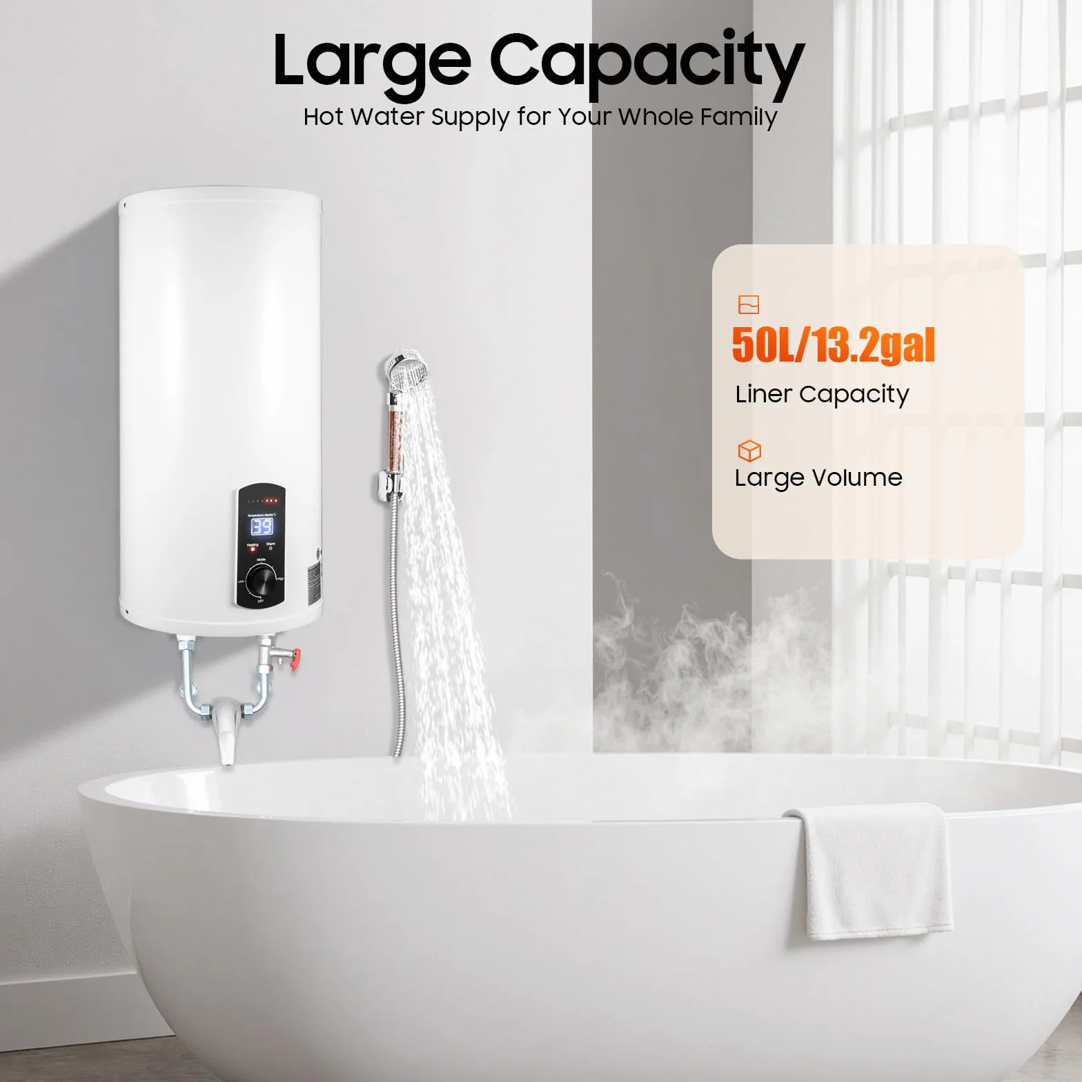 Bojler 50 l, 2 kW, energooszczędny elektryczny podgrzewacz wody 77-167 ℃, z cyfrowym panelem sterowania, zestaw z kranem, słuchawką prysznicową, G1/2