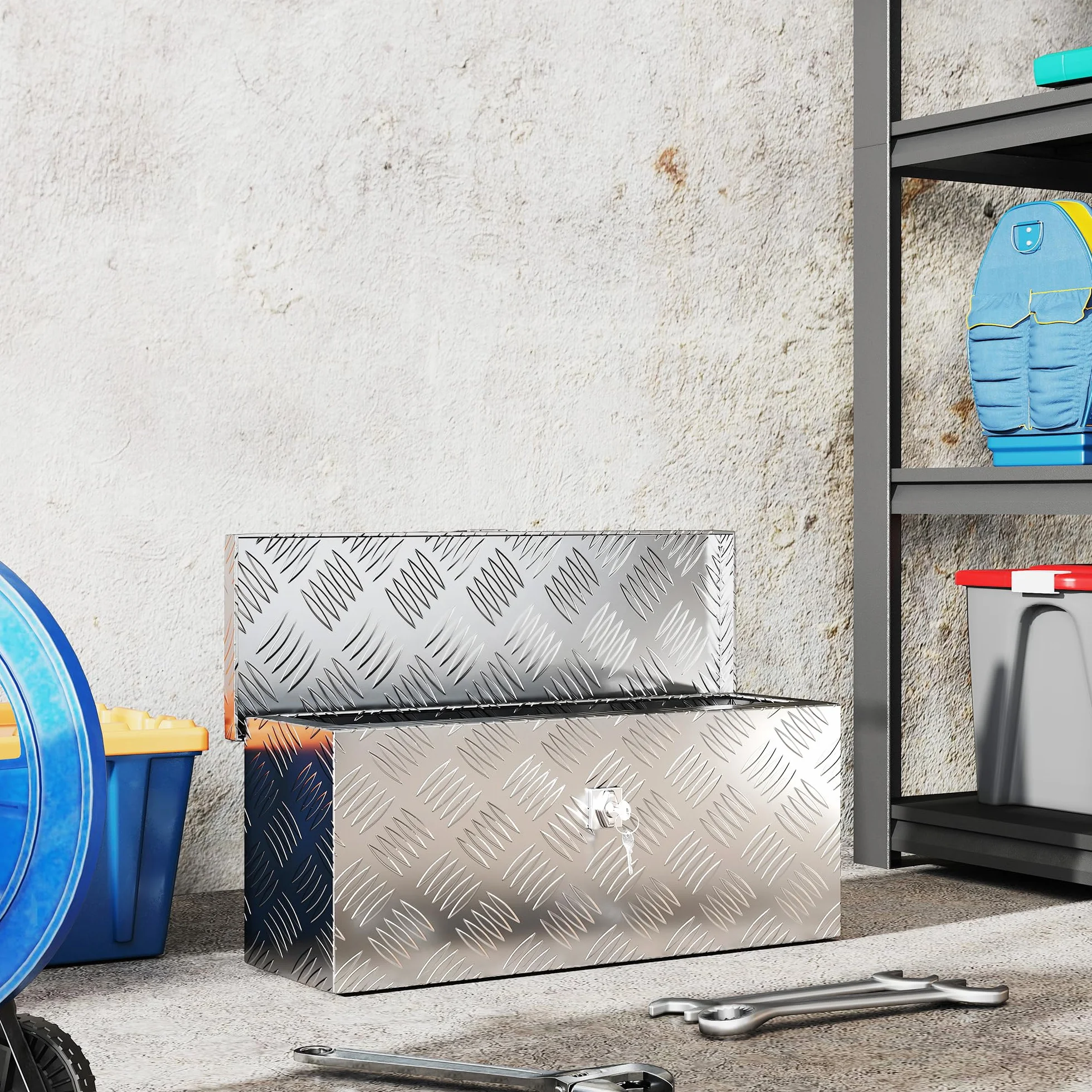 HOMCOM Skrzynka na narzędzia z aluminium z zamkiem i kluczami, Skrzynka na narzędzia do ciężarówki, Skrzynia do przechowywania dla przyczepy, 50 x 15,5 x 20,5 cm