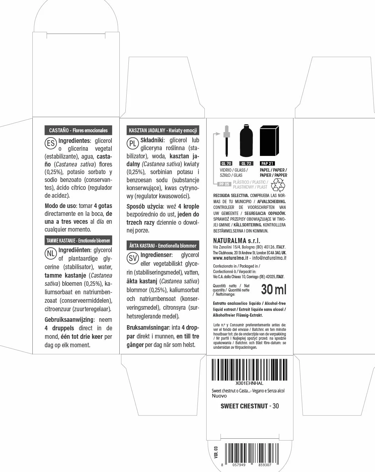 Naturalma Krople 30 ml Płynny ekstrakt bezalkoholowy Esencje kwiatowe Wegański Kasztan jadalny Castanea sativa