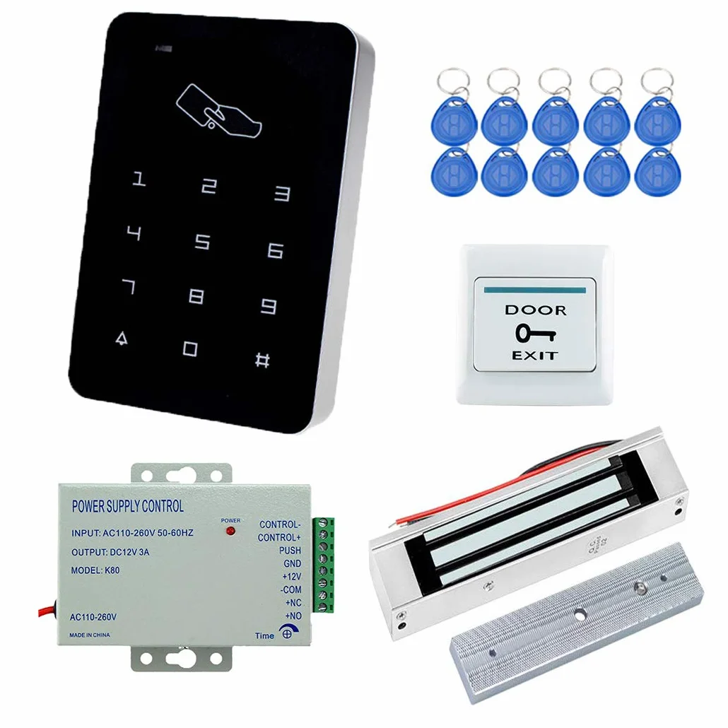 YAVIS Pełny zestaw systemu kontroli dostępu do drzwi zestaw kontrolera klawiatura 125 kHz czytnik + elektryczny zamek magnetyczny 180 kg + zasilacz DC 12 V + przycisk wyjścia + 10 szt. breloków RFID