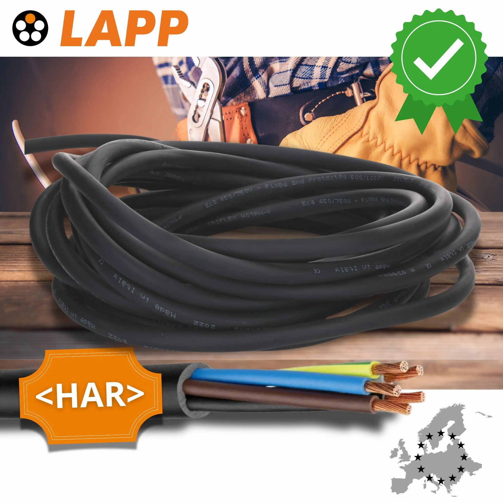 10 metrów Lapp 16002123 H05RR-F 4 x 2,5 mm², elastyczny przewód gumowy z przewodem ochronnym, cienki gumowy kabel do wnętrz, do urządzeń domowych i ręcznych, wytrzymały, przewód przyłączeniowy 4G2,5