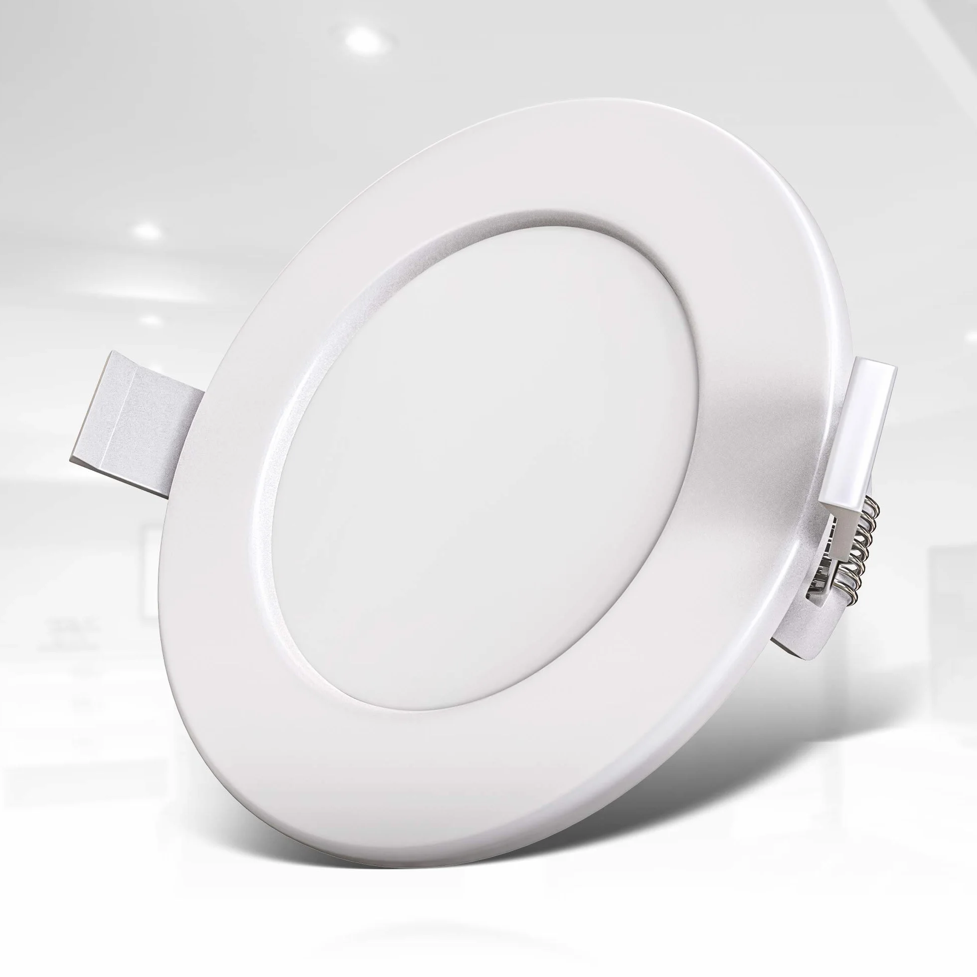 B.K.Licht zestaw 3 ściemnianych reflektorów LED do zabudowy w łazience, ultra-cienki, wycięcie na suficie Ø 100 mm / 3,94 cala, wbudowane moduły LED 6 W, 600 lm, ciepłe białe światło 3000 K, IP44, nie wymaga transformatora 230 V