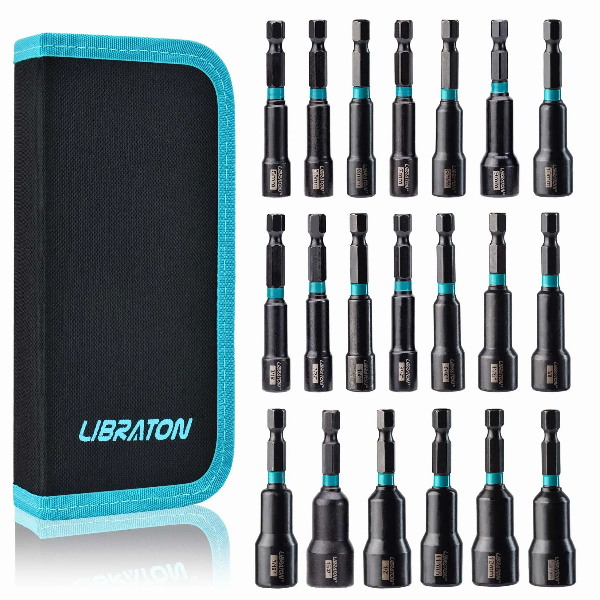 Libraton Zestaw wkrętaków magnetycznych, wkrętarki udarowe 1/4", metryczny i SAE, z workiem do przechowywania, 5-13 mm i 3/16'' - 1/2", 20 szt