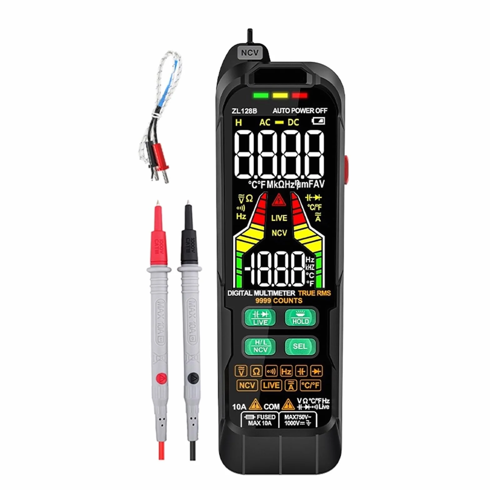 USB Charge Multimetro Cyfrowy Profesjonalny Miernik Napięcia Prądu Stałego AC True Pojemność Temp Auto Zakres Multimetr Szybko Dokładnie Łatwy Odczyt(128A)