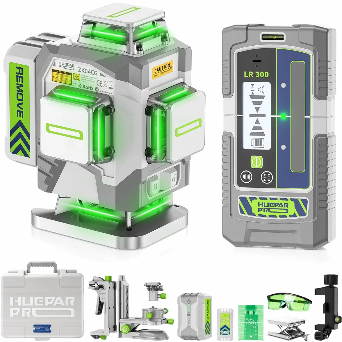 Huepar Pro Samopoziomujący 4 x 360° Zielona poziomica laserowa narzędzie do budownictwa - Wysoka dokładność, 8000mAh akumulator litowo-jonowy, Pilot zdalnego sterowania i twardy pokrowiec