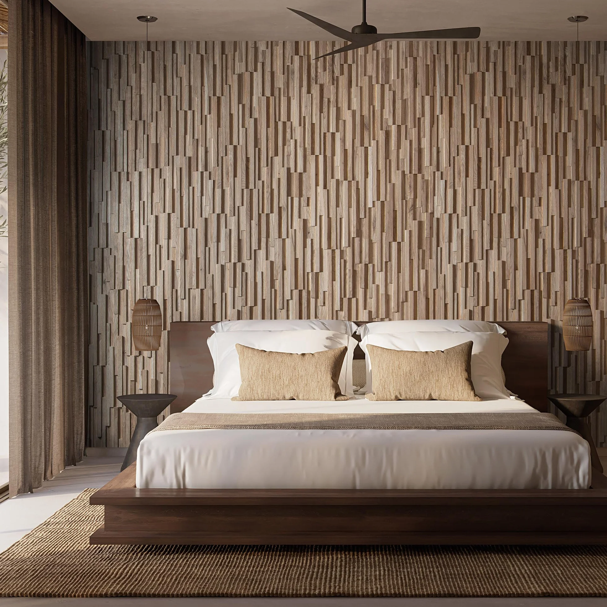 Drewniana okładzina ścienna o wyglądzie 3D, naturalne panele ścienne z drewna dębowego firmy Wooden Wall Design model Correctus (1 m2).