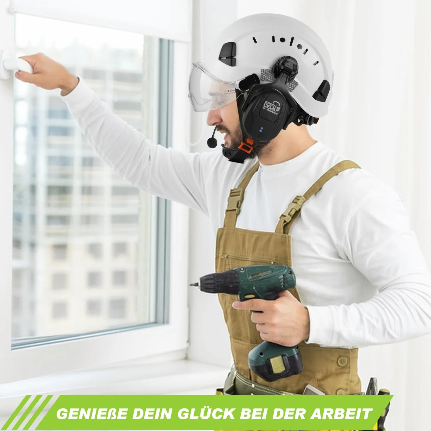 GREEN DEVIL Mervex Vent kask ochronny z aktywną ochroną słuchu i przezroczystym wizjerem, kask roboczy ABS, EN 397, kask przemysłowy zgodny z normą EN352 SNR 32 dB z Bluetooth