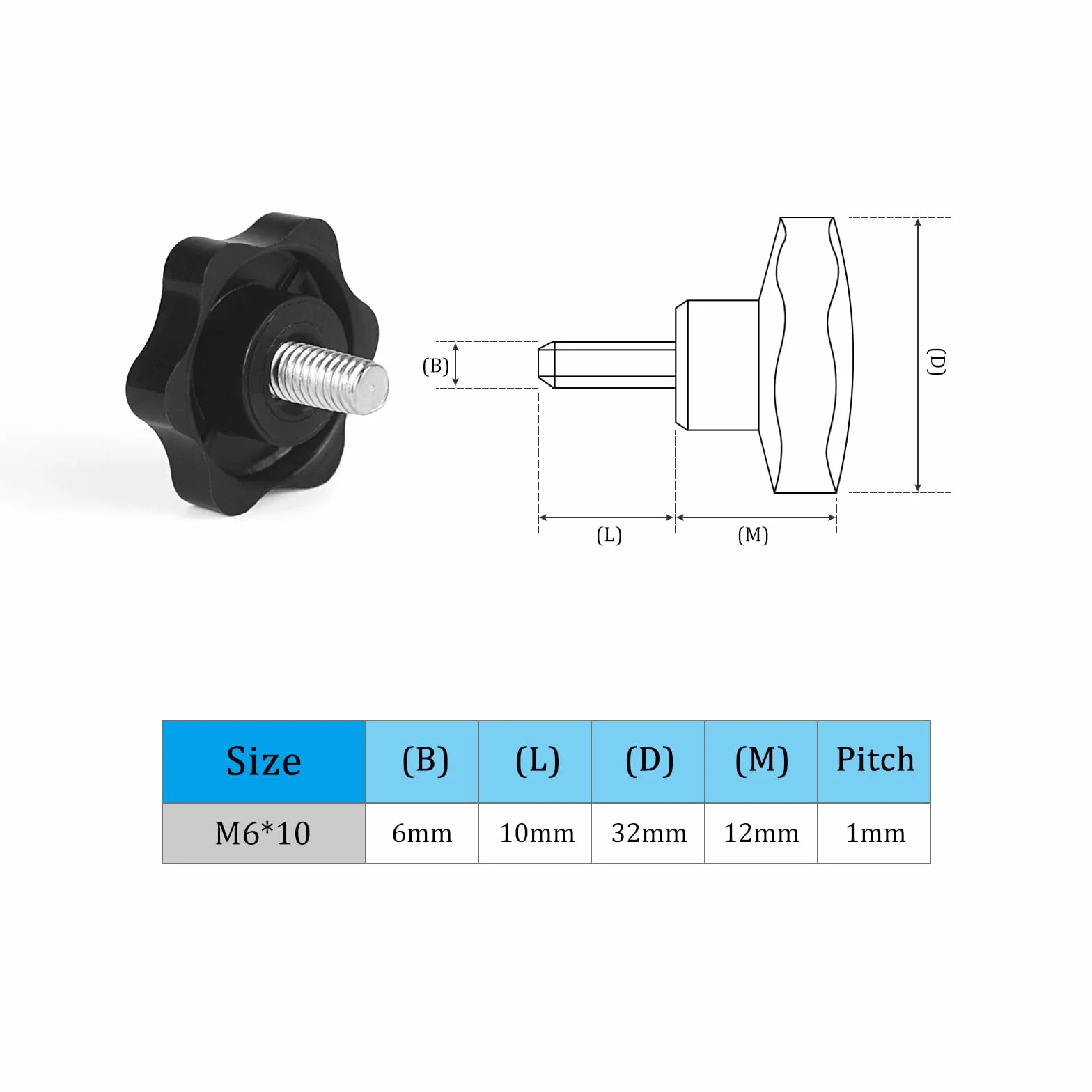 10 sztuk śruby z łbem sześciokątnym M6 x 10 mm, z tworzywa sztucznego, śruby z uchwytem gwiazdowym, gwint zastępczy gwiazdy, ręczna śruba początkowa, mechaniczna śruba blokująca, średnica