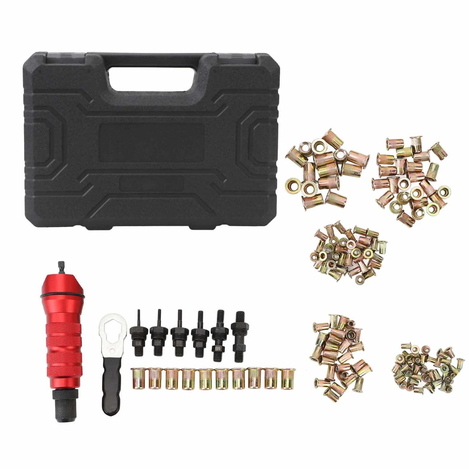 Zestaw Adaptera do Wiertarki do Nitonakrętek, Elektryczny Adapter do Nitonakrętek z 6 Wymiennymi Głowicami 150 Nakrętek do Montażu, Konserwacji, Aluminiowy materiał Konstrukcyjny