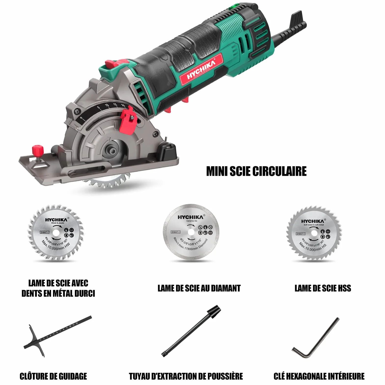 Hychika Mini Piła Tarczowa, Piła Tarczowa Z 3 Brzeszczotami, Liniał, 500W Silnik Z Czystej Miedzi, 4500 Obr. Idealna Do Cięcia Drewna, Miękkiego Metalu, Płytek I Plastiku