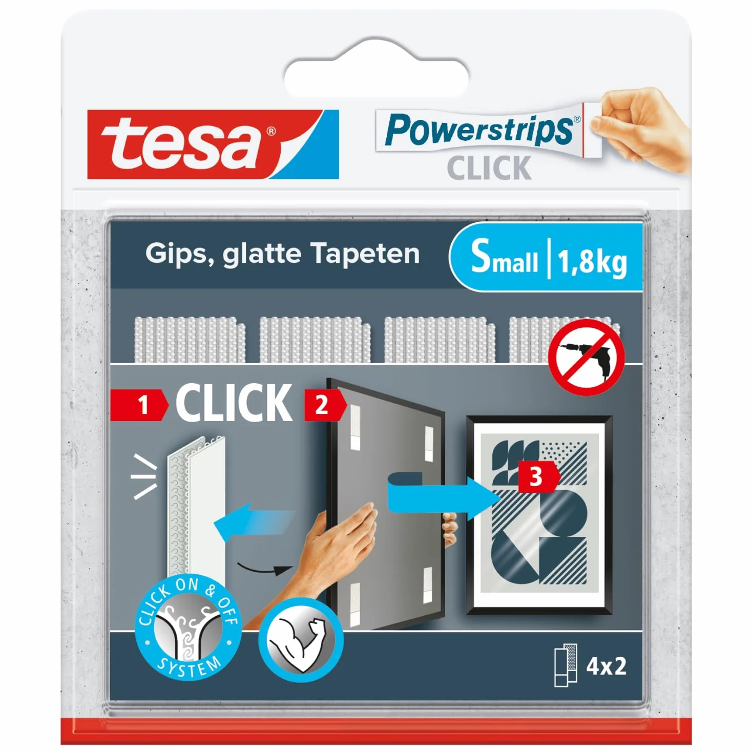 tesa Powerstrips CLICK samoprzylepne paski do mocowania i odczepiania ramek na zdjęcia i dekoracji ścian bez wiercenia, paski samoprzylepne z systemem zatrzaskowym ON i OFF, małe, 4 x 2 sztuki