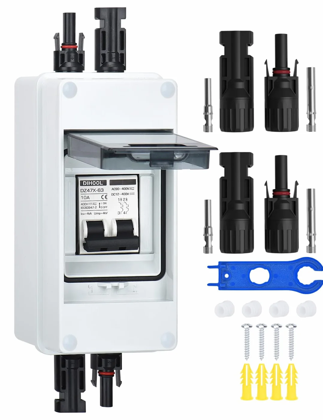DIHOOL Odłącznik DC PV, wyłącznik nadmiarowy, automatyczny bezpiecznik, 2-biegunowy, 10A, 12V (12V-400V) z kablem, wtyczka solarna, IP65, wodoszczelna obudowa