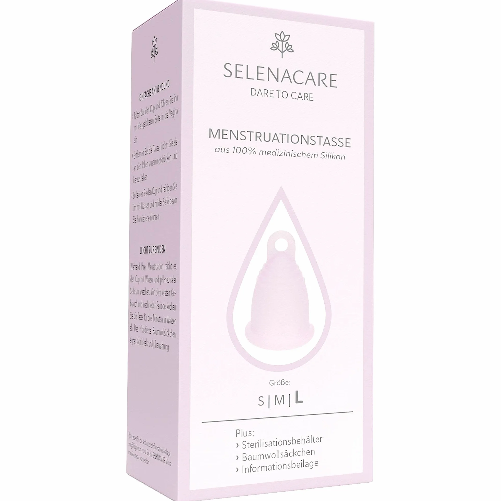 Selenacare Filiżanka menstruacyjna Premium – z pojemnikiem do czyszczenia i woreczkiem do przechowywania z bawełny, różowa, rozmiar L
