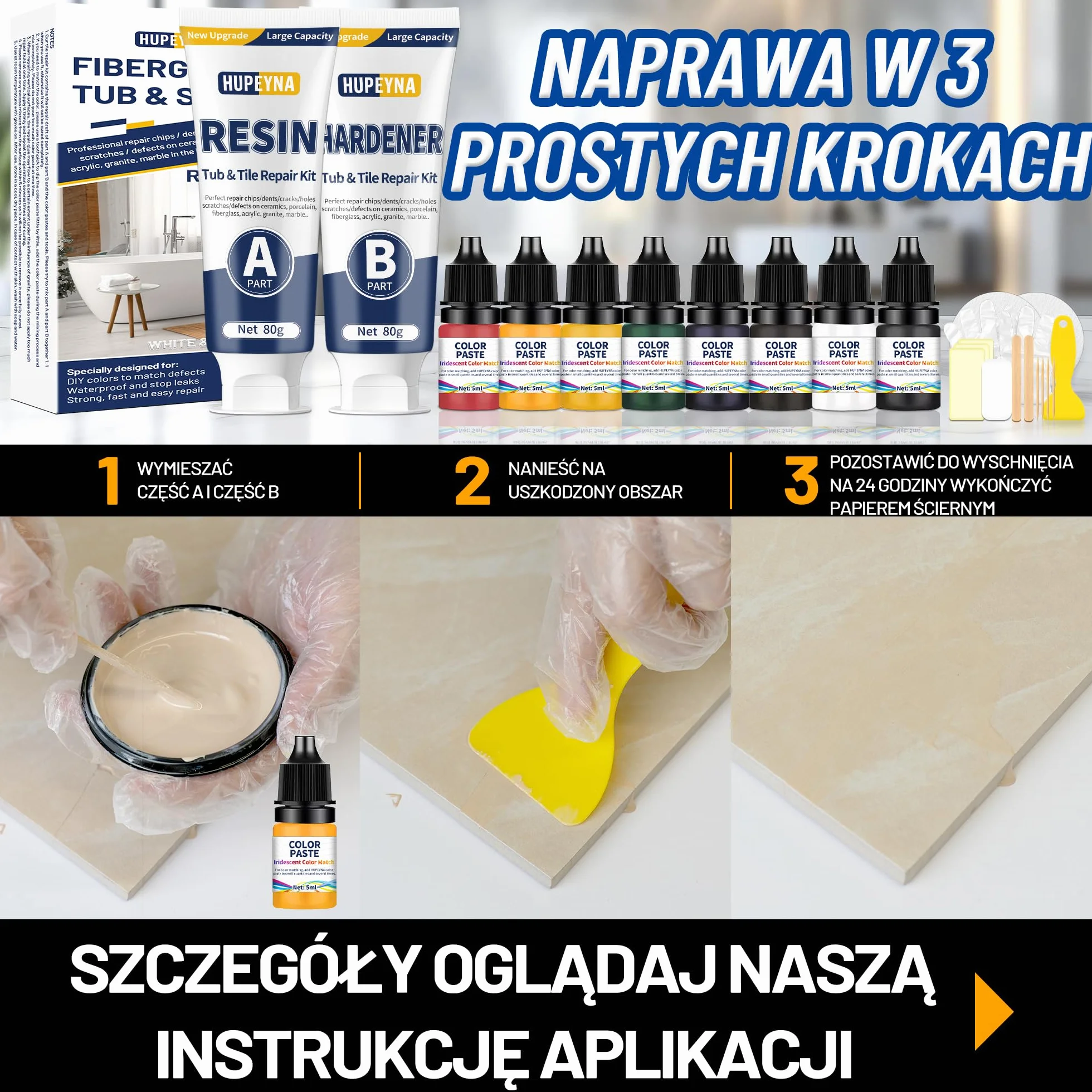 Zestaw naprawczy do wanien, zestaw naprawczy do płytek, akryl, ceramika, emalia, kuchnia, łazienka, naprawa odprysków, pęknięć, zadrapań, dziur rdzy na porcelanowej umywalce, wannie, toalecie
