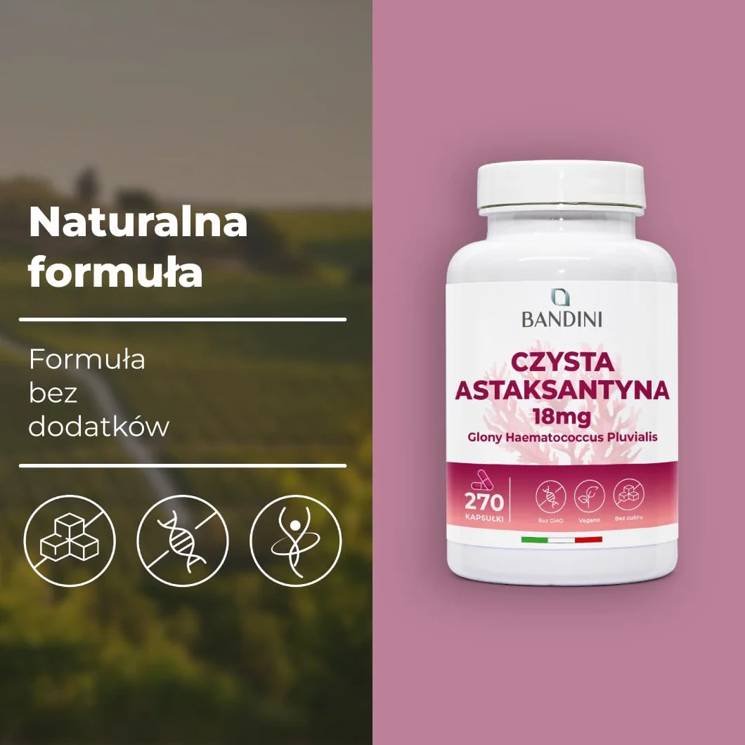 Bandini® Natural Astaxanthin - 18 mg 270 kapsułek - Najlepszy antyoksydant pozyskiwany z alg Haematococcus Pluvialis - chroni organizm przed utlenianiem - czysta astaksantyna