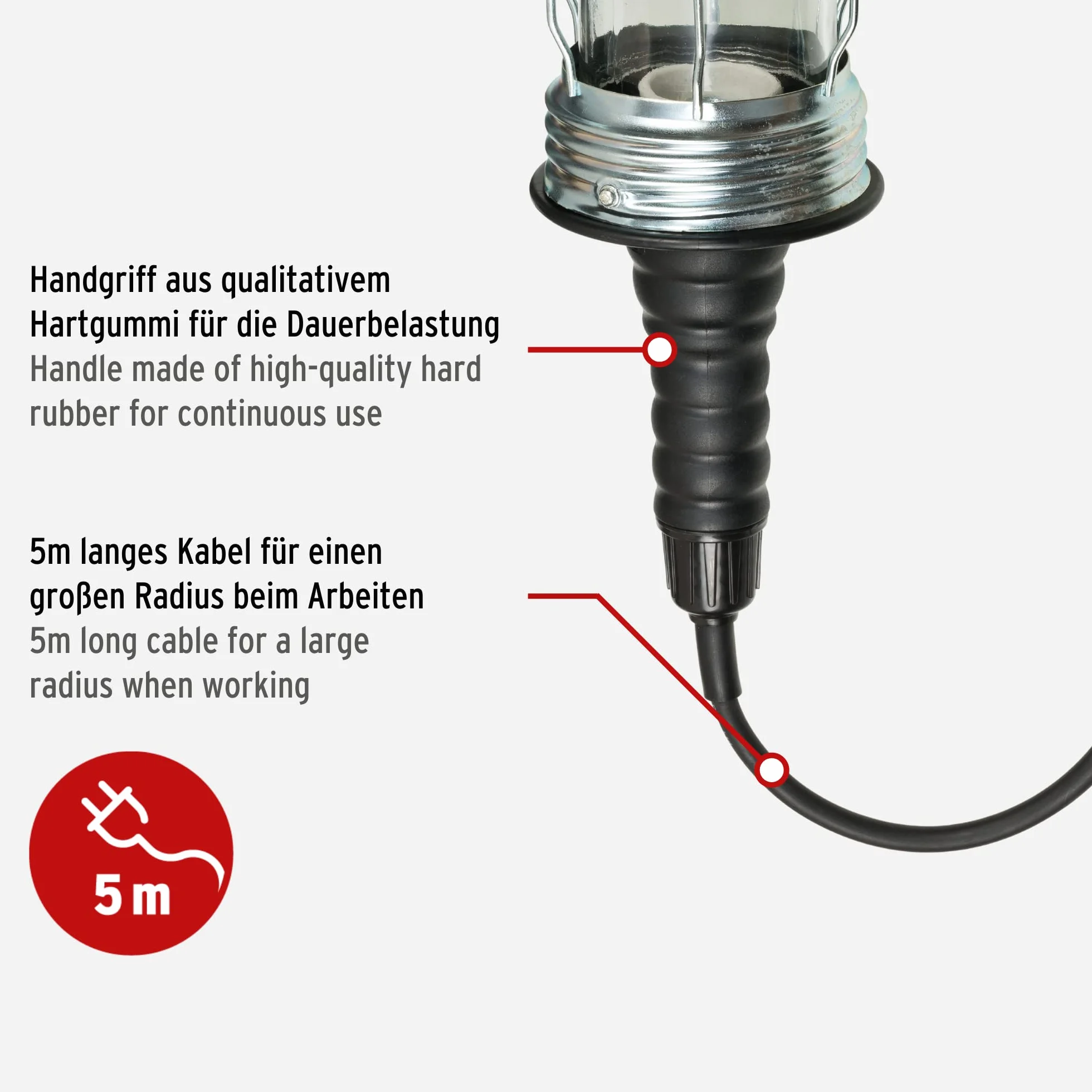 Brennenstuhl Lampa ręczna/lampa warsztatowa z twardej gumy ze stabilnym koszem ochronnym (60 W, 136 mm średnicy, kabel 5 m, Made in Germany), czarna