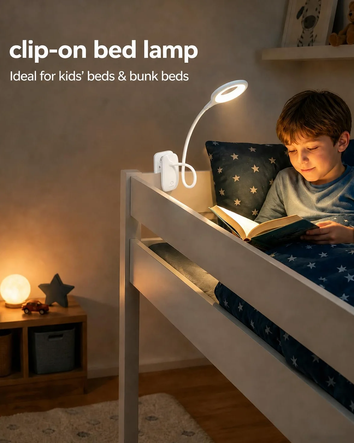 Lampka Zaciskowa LED do Czytania z Klipsem USB, 3 Kolory Światła, Dotykowe Ściemnianie, Elastyczne Ramię, Biała