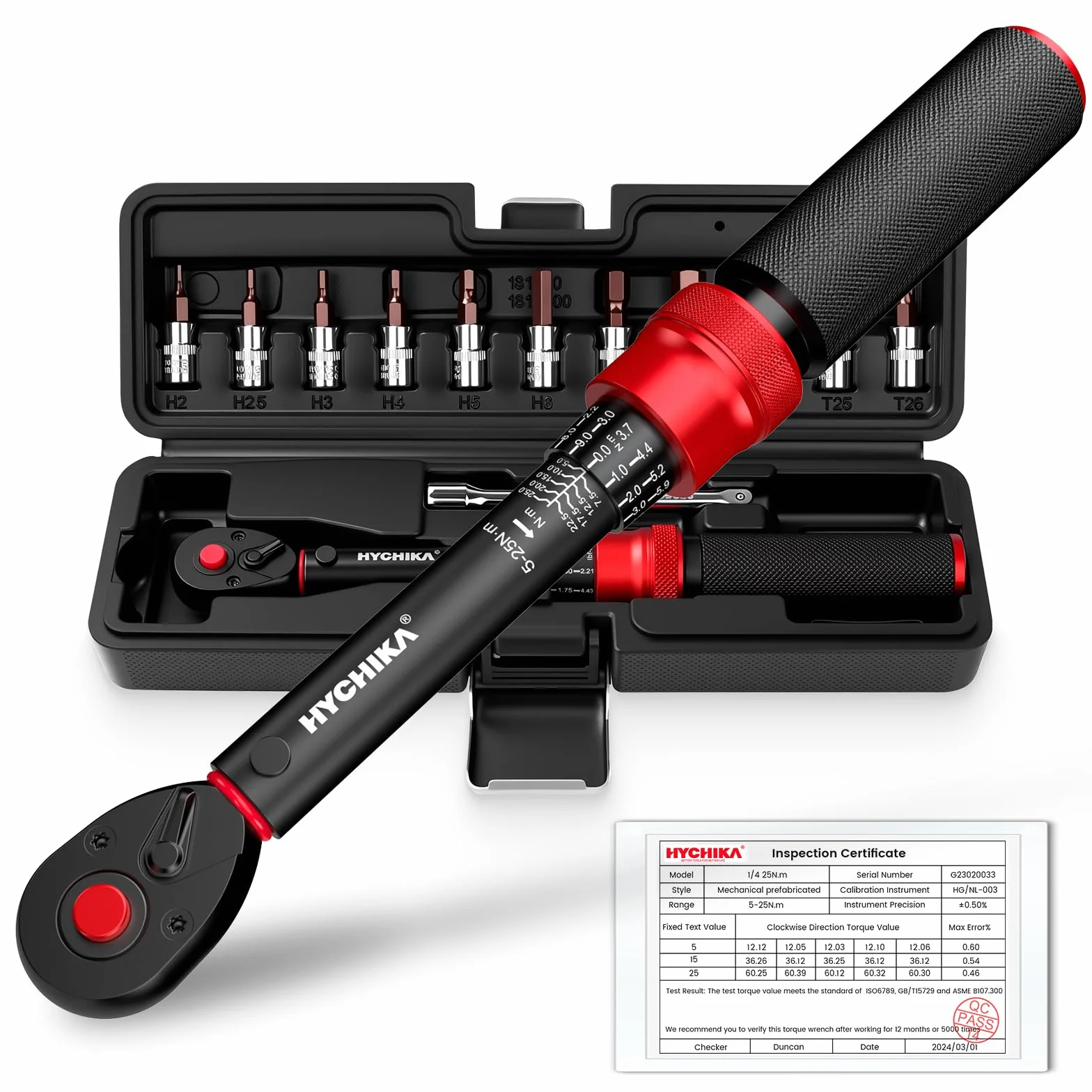 HYCHIKA 13-częściowy zestaw kluczy dynamometrycznych 1/4" 5-25 Nm, dokładność ± 2%, 72-zębowy klucz dynamometryczny do roweru z bitami i skrzynką do przechowywania.