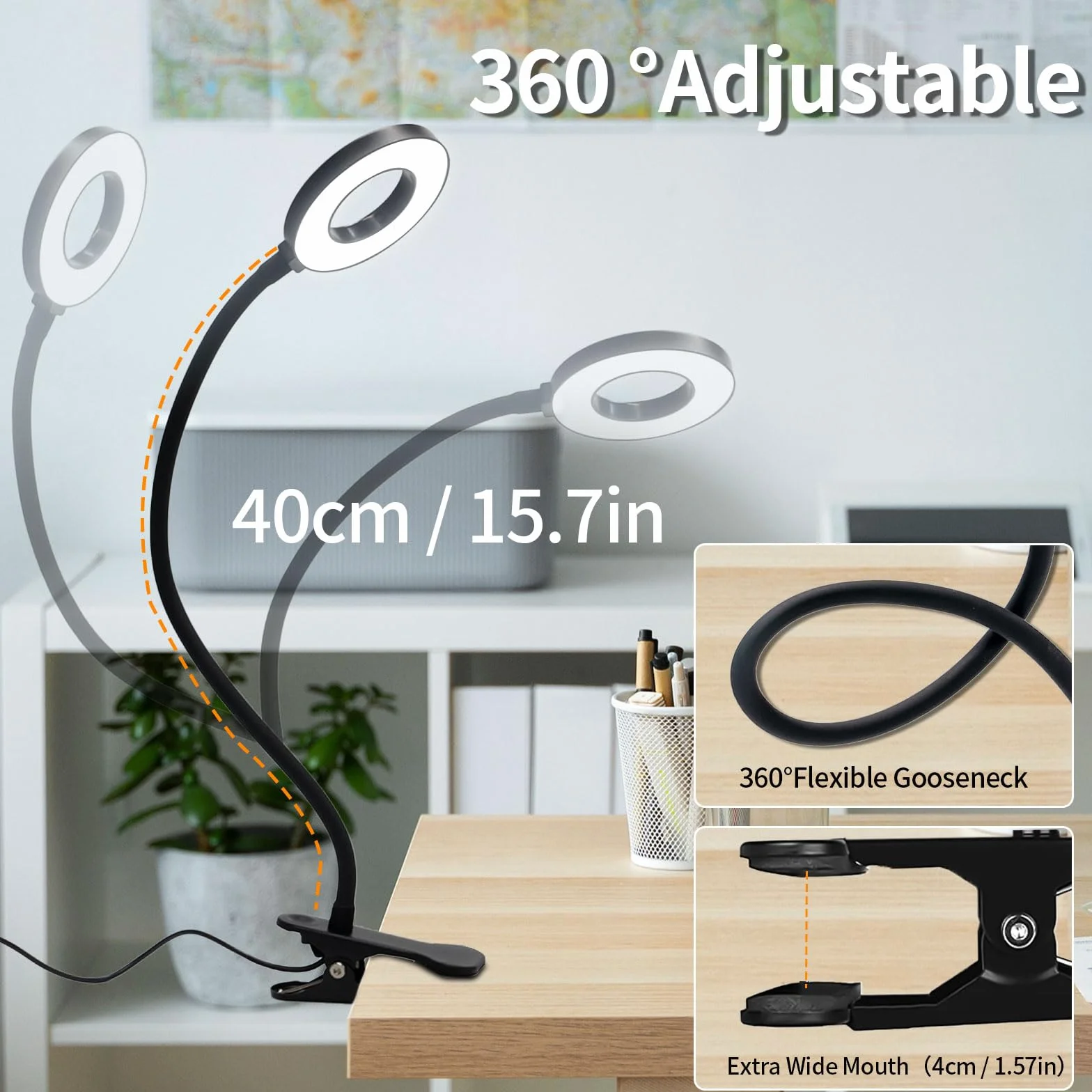 LQWELL® Lampa Biurkowa LED Z Klipsem, Pierścieniowa Lampka Do Czytania Do Domowego Biura, 3 Temperatury Barwowe, 10 PoziomÓW Jasności I Płynne Przyciemnianie, Elastyczność 360° (Długość Szyi 40 CM)
