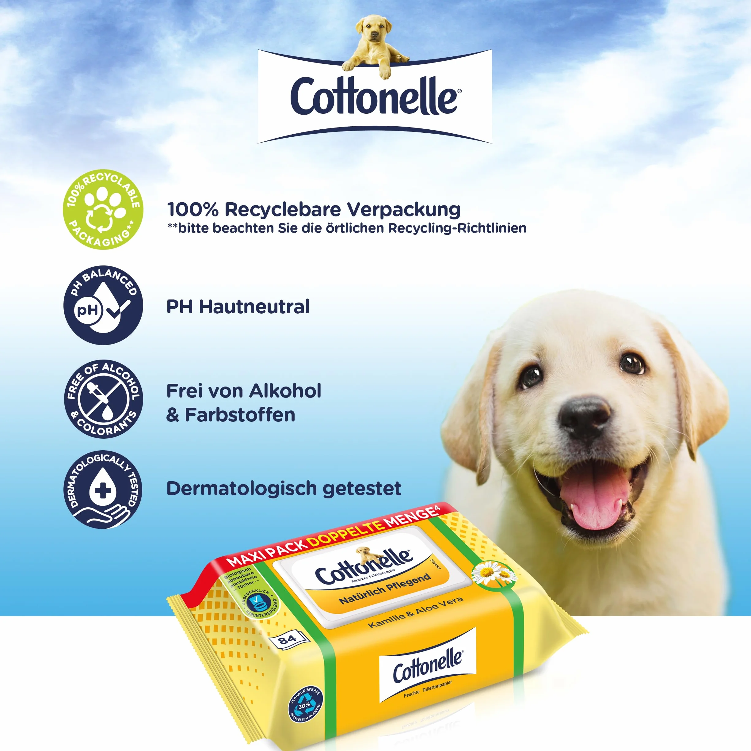 Cottonelle Wilgotny papier toaletowy, naturalnie pielęgnujący – rumianek i aloes, biodegradowalny, nie zawiera plastiku, możliwość ponownego zamknięcia, 1 x 84 chusteczki nawilżane (pojedyncze